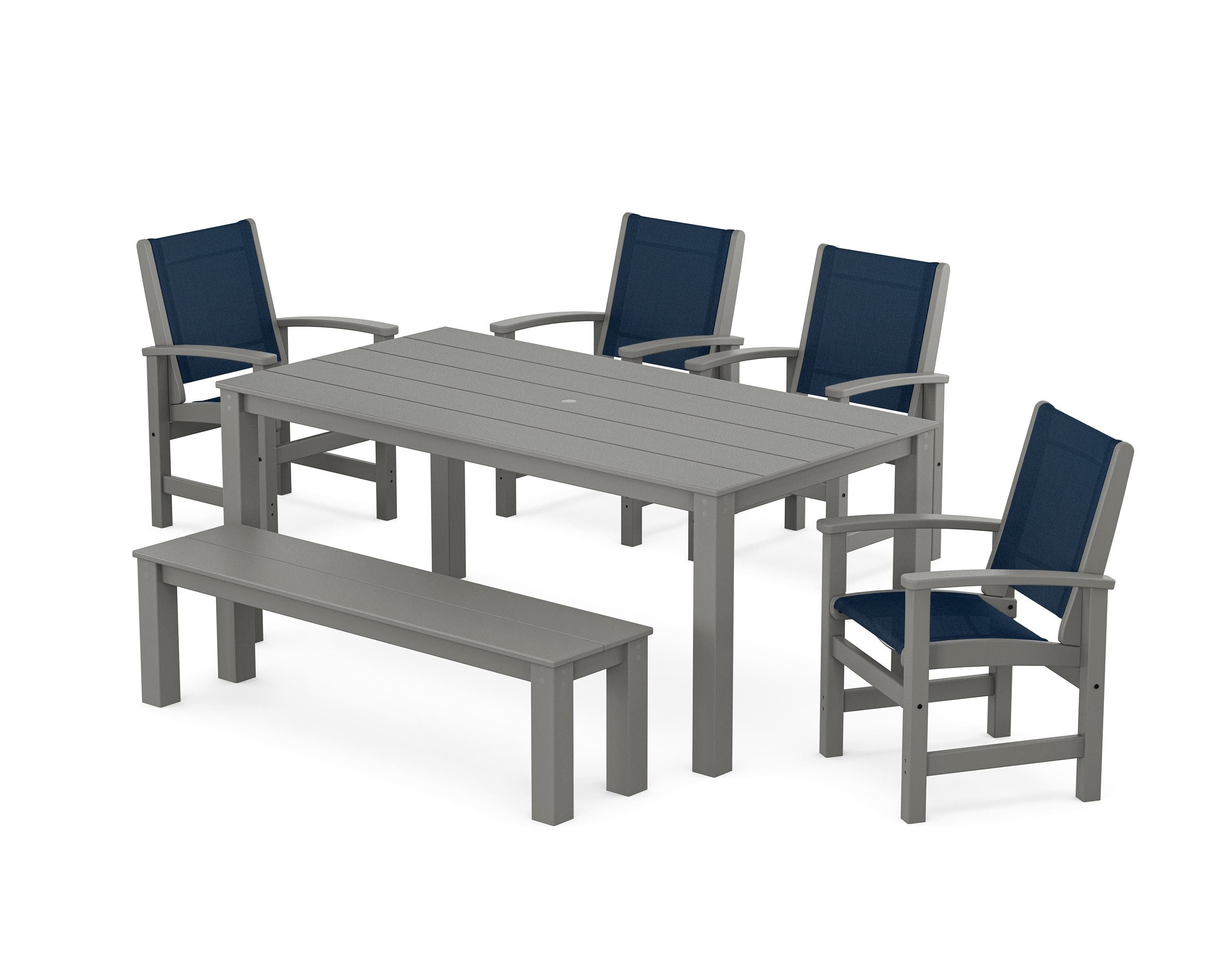 POLYWOOD Coastal 6-Piece Parsons Dining Set with Bench in Slate Grey / Navy Blue Sling