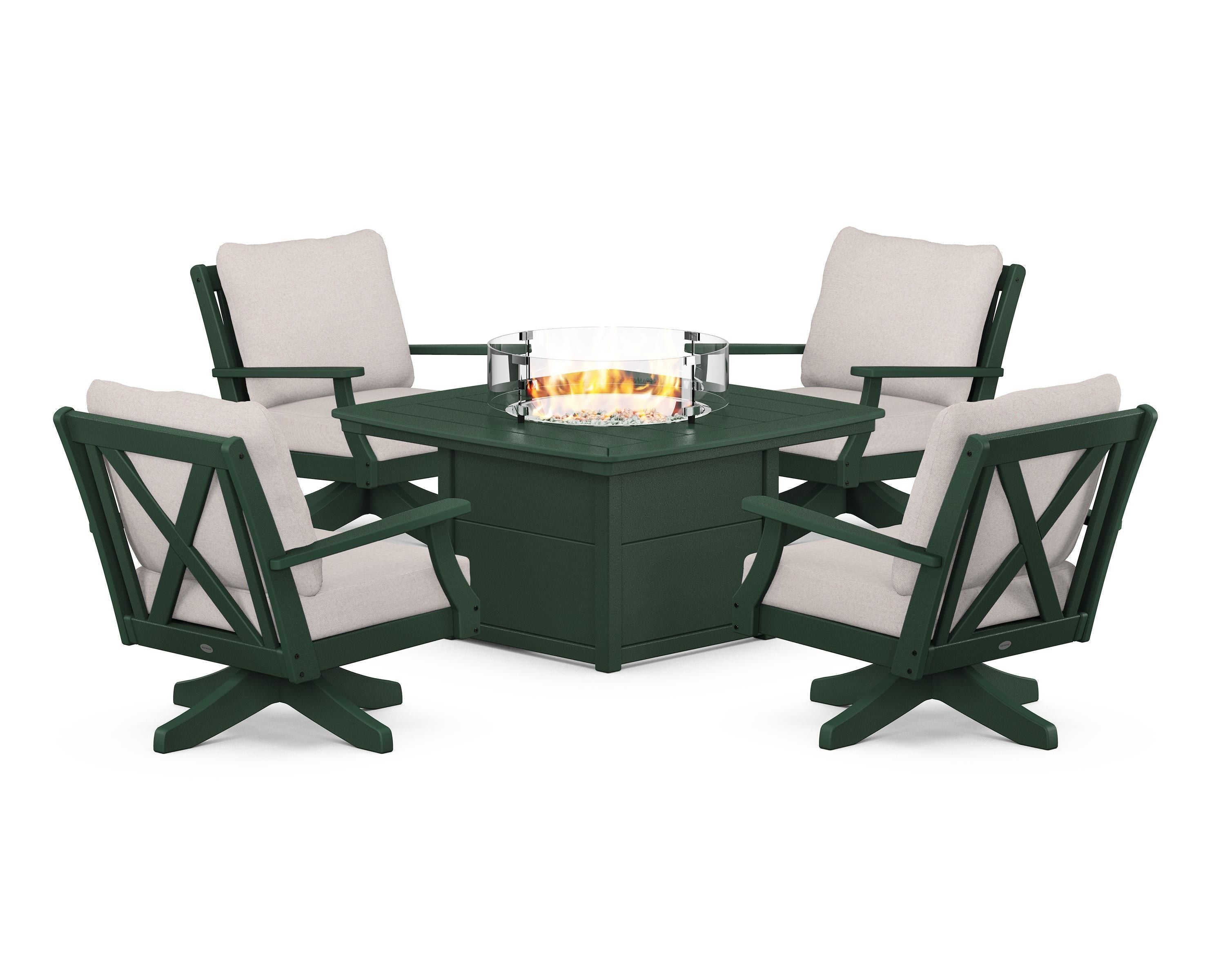 POLYWOOD Braxton 5-Piece Deep Seating Swivel Conversation Set with Fire Pit Table in Green / Dune Burlap