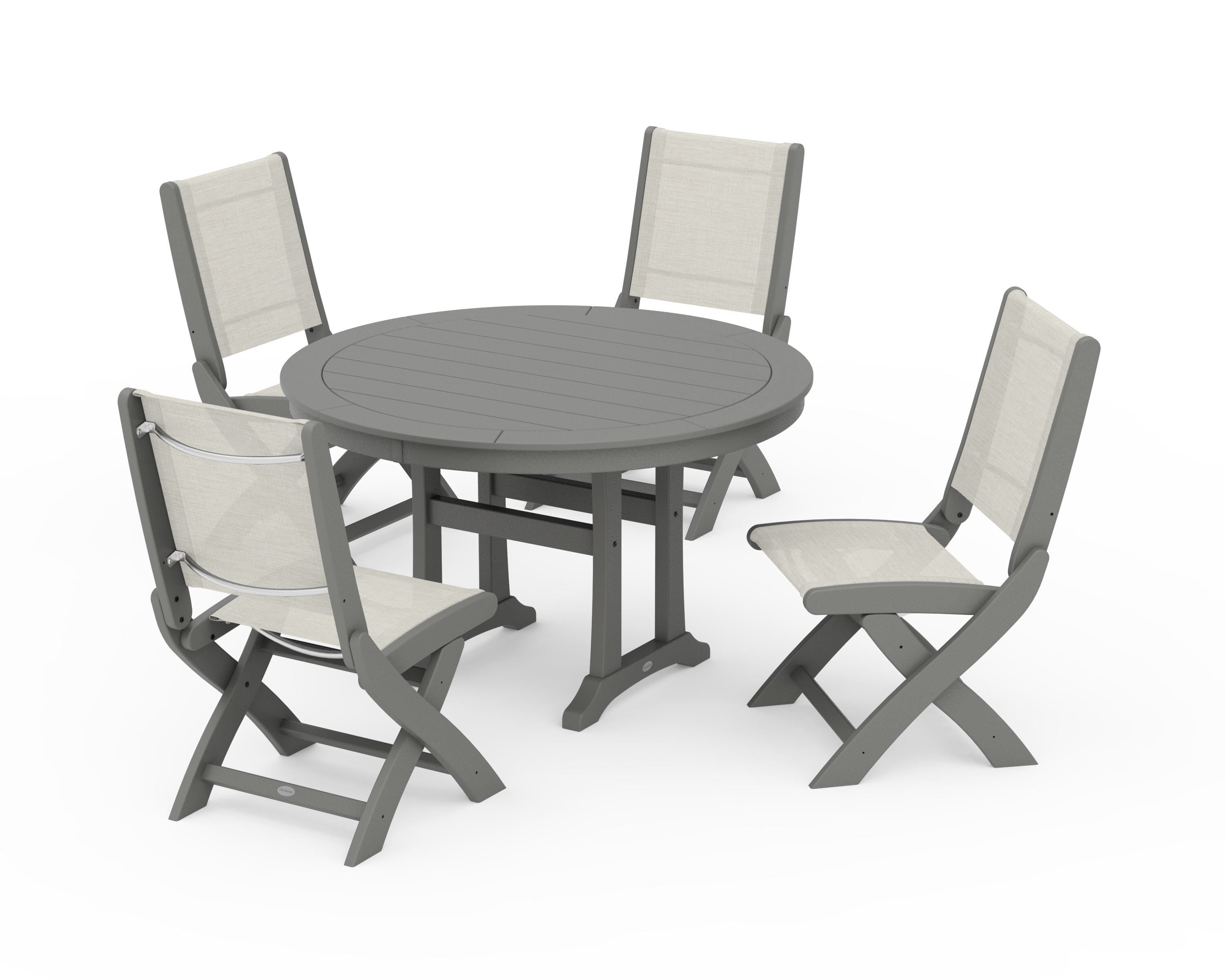 POLYWOOD Coastal Folding Side Chair 5-Piece Round Dining Set With Trestle Legs in Slate Grey / Parchment Sling