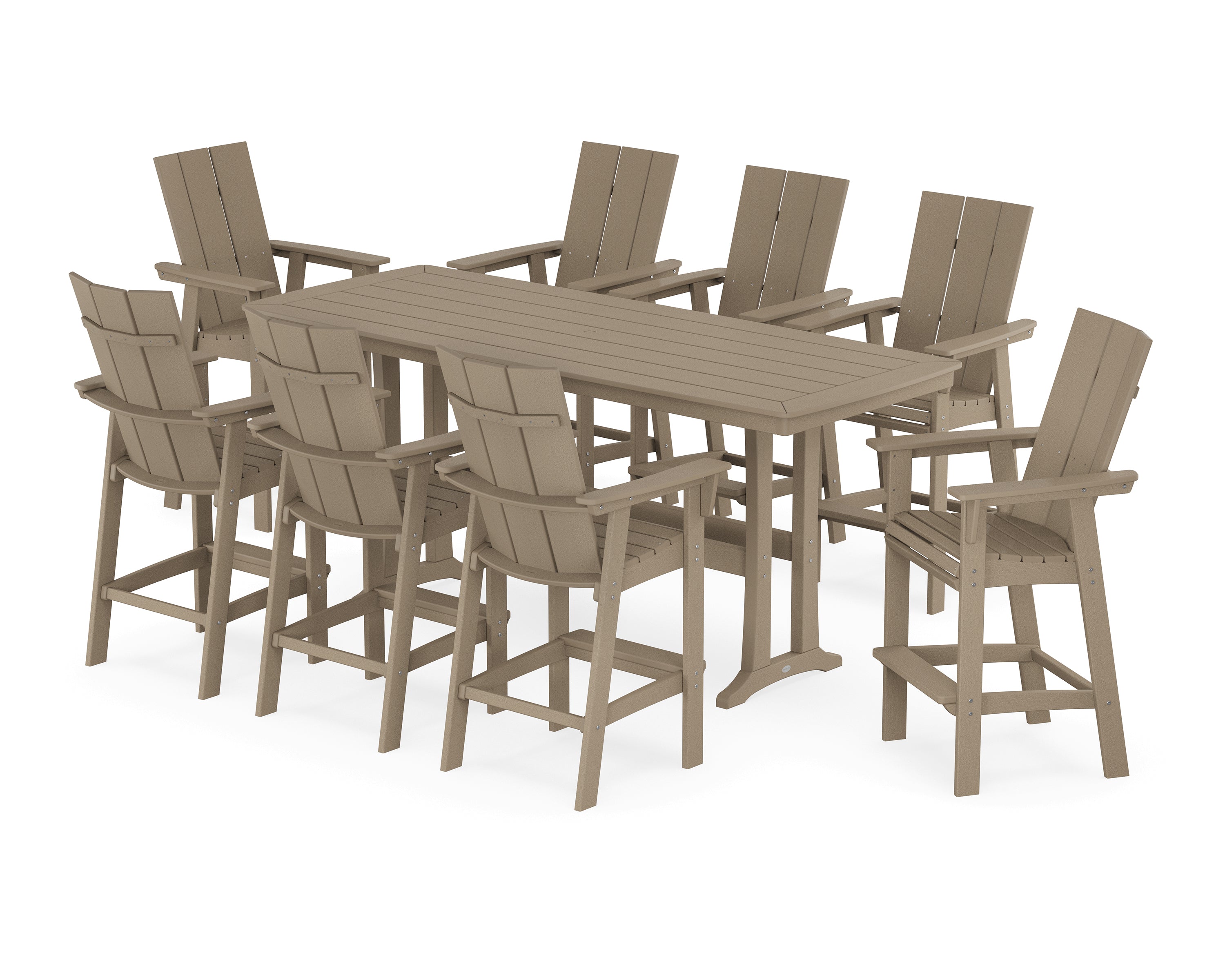 POLYWOOD Modern Curveback Adirondack 9-Piece Bar Set with Trestle Legs in Vintage Sahara