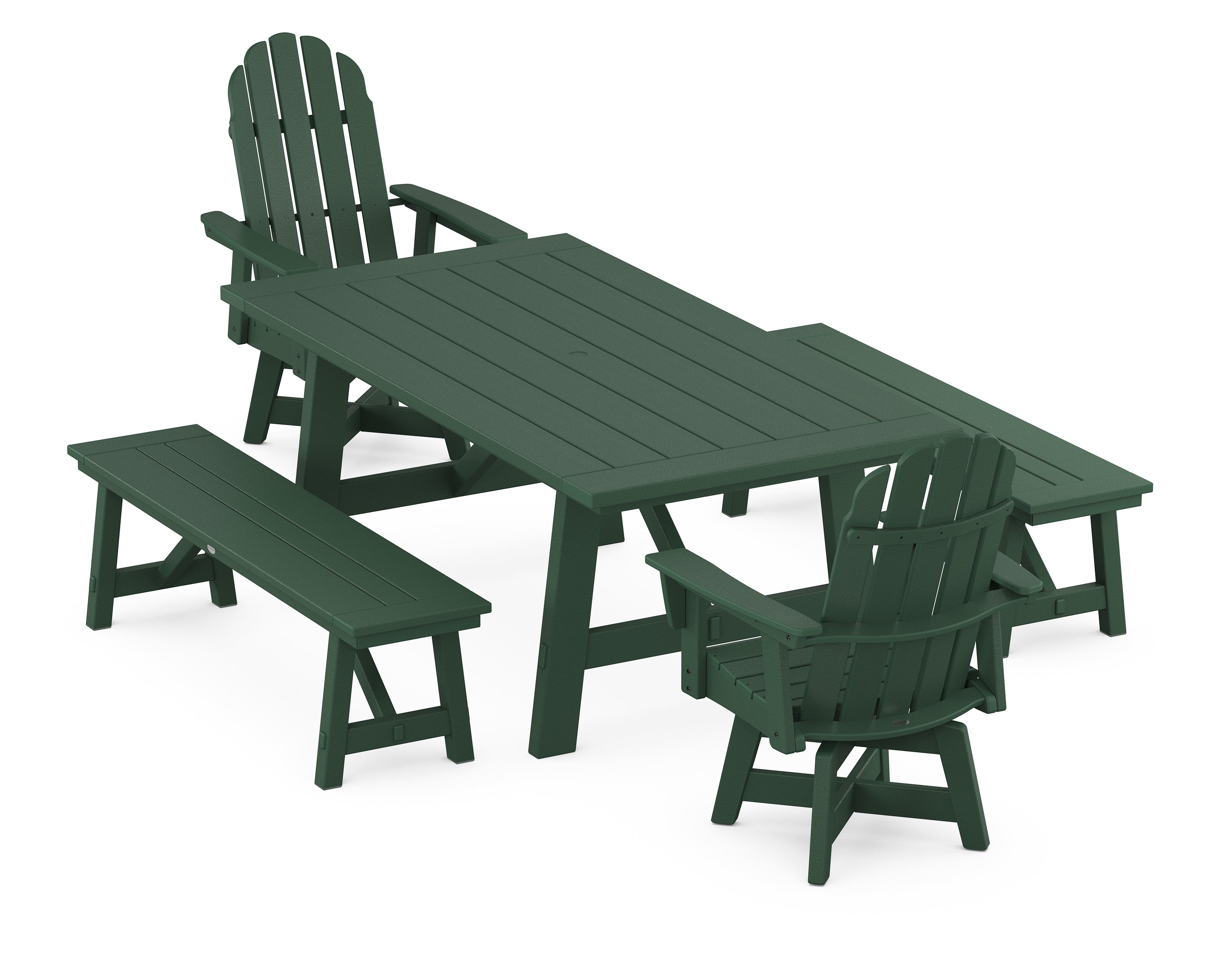 POLYWOOD® VineyardCurveback Adirondack Swivel Chair 5-Piece Rustic Farmhouse Dining Set With Benches in Green