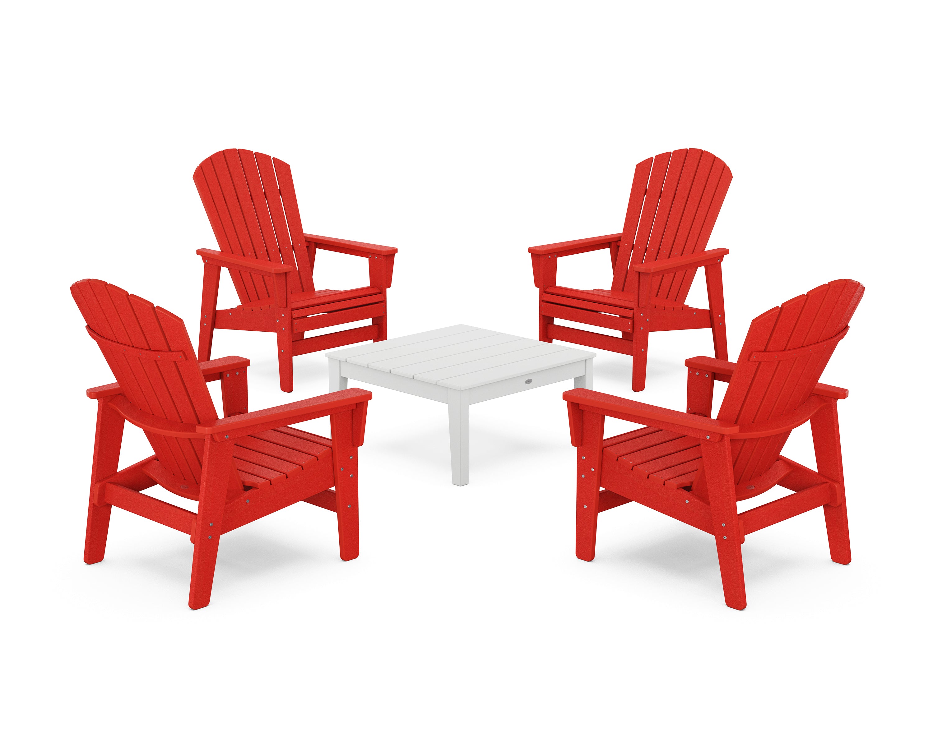 POLYWOOD 5-Piece Nautical Grand Upright Adirondack Chair Conversation Group in Sunset Red / White