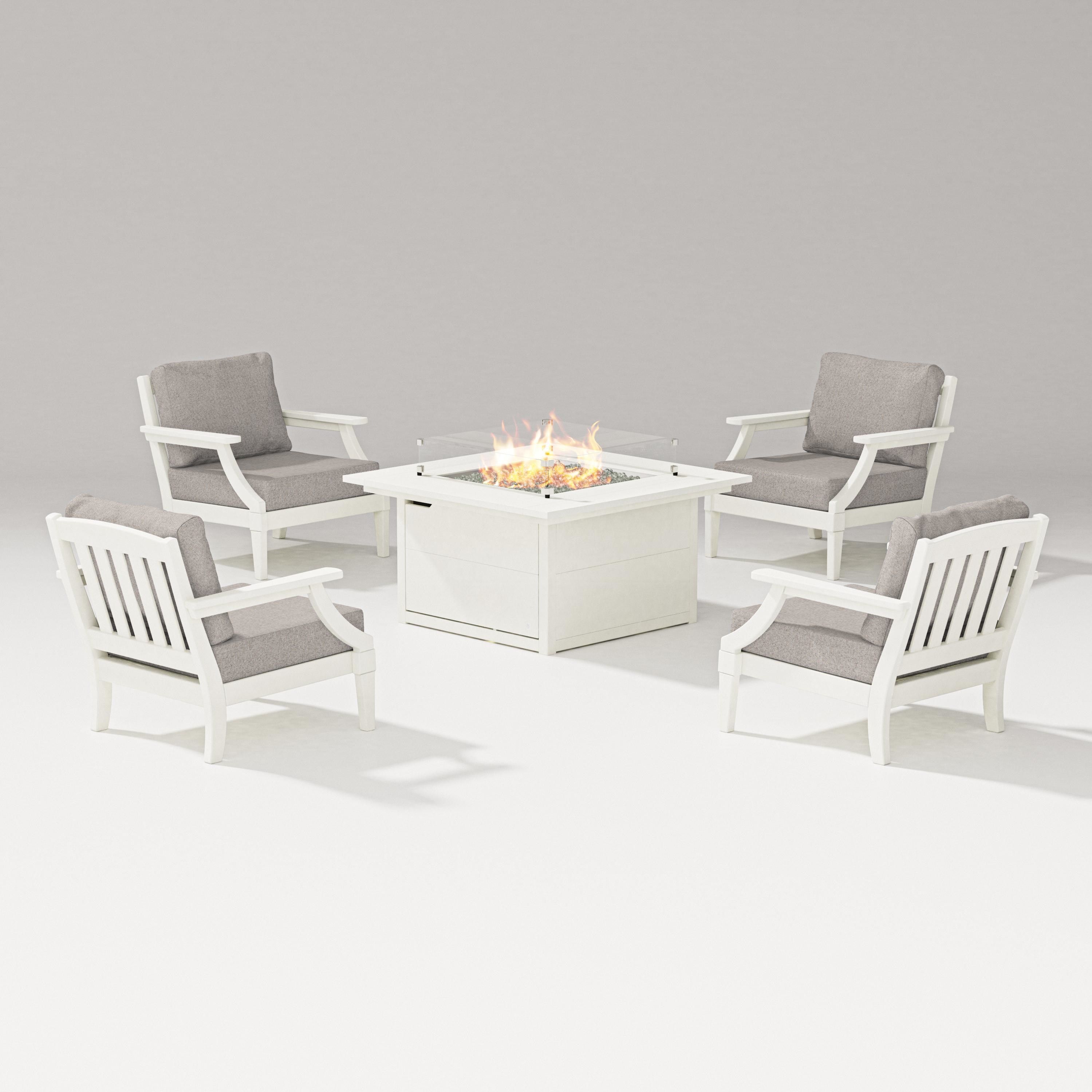 PW Designer Series Estate 5-Piece Lounge Fire Table Set in Vintage White / Weathered Tweed