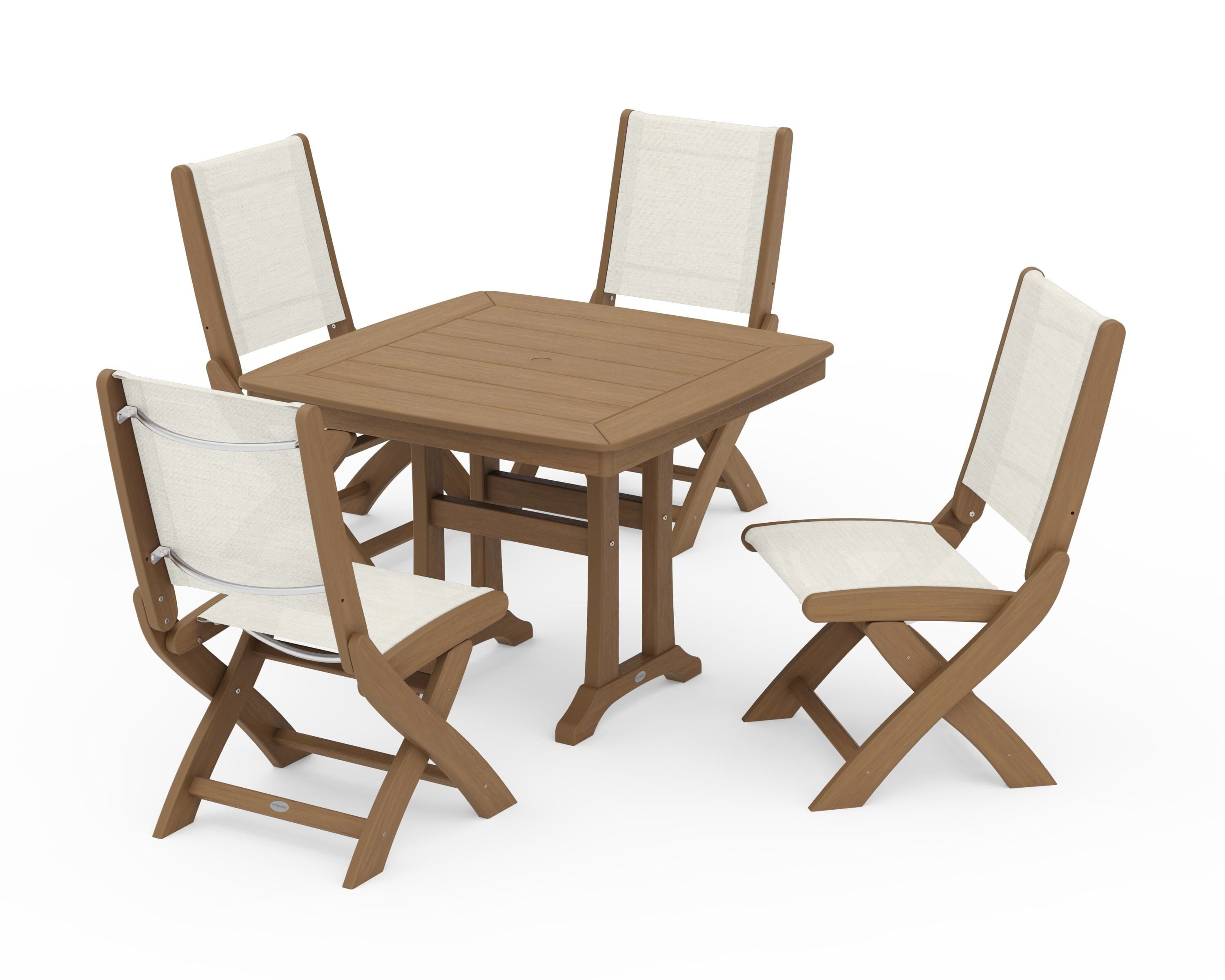 POLYWOOD Coastal Folding Side Chair 5-Piece Dining Set with Trestle Legs in Natural / Parchment Sling