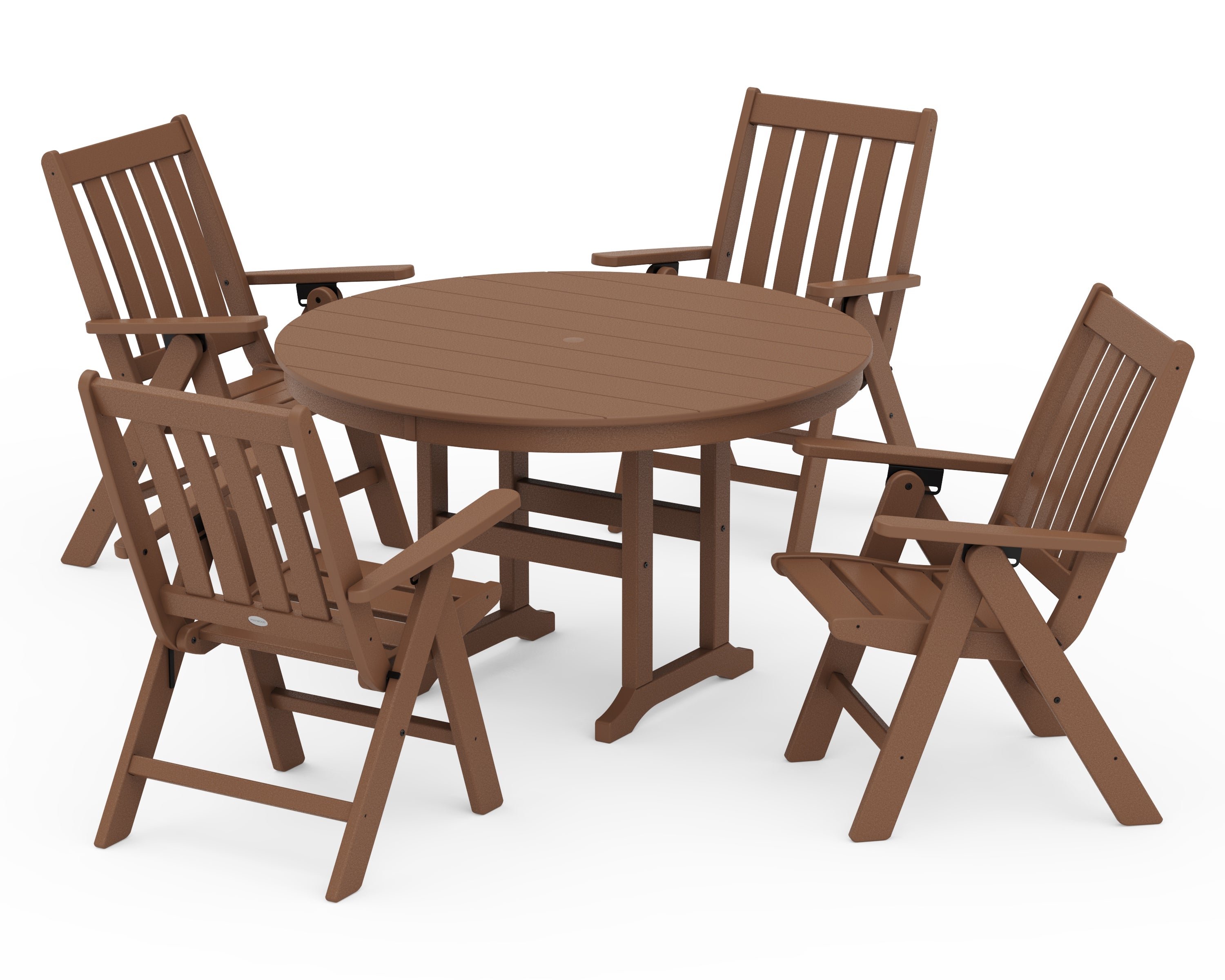POLYWOOD Vineyard Folding Chair 5-Piece Round Farmhouse Dining Set in Teak
