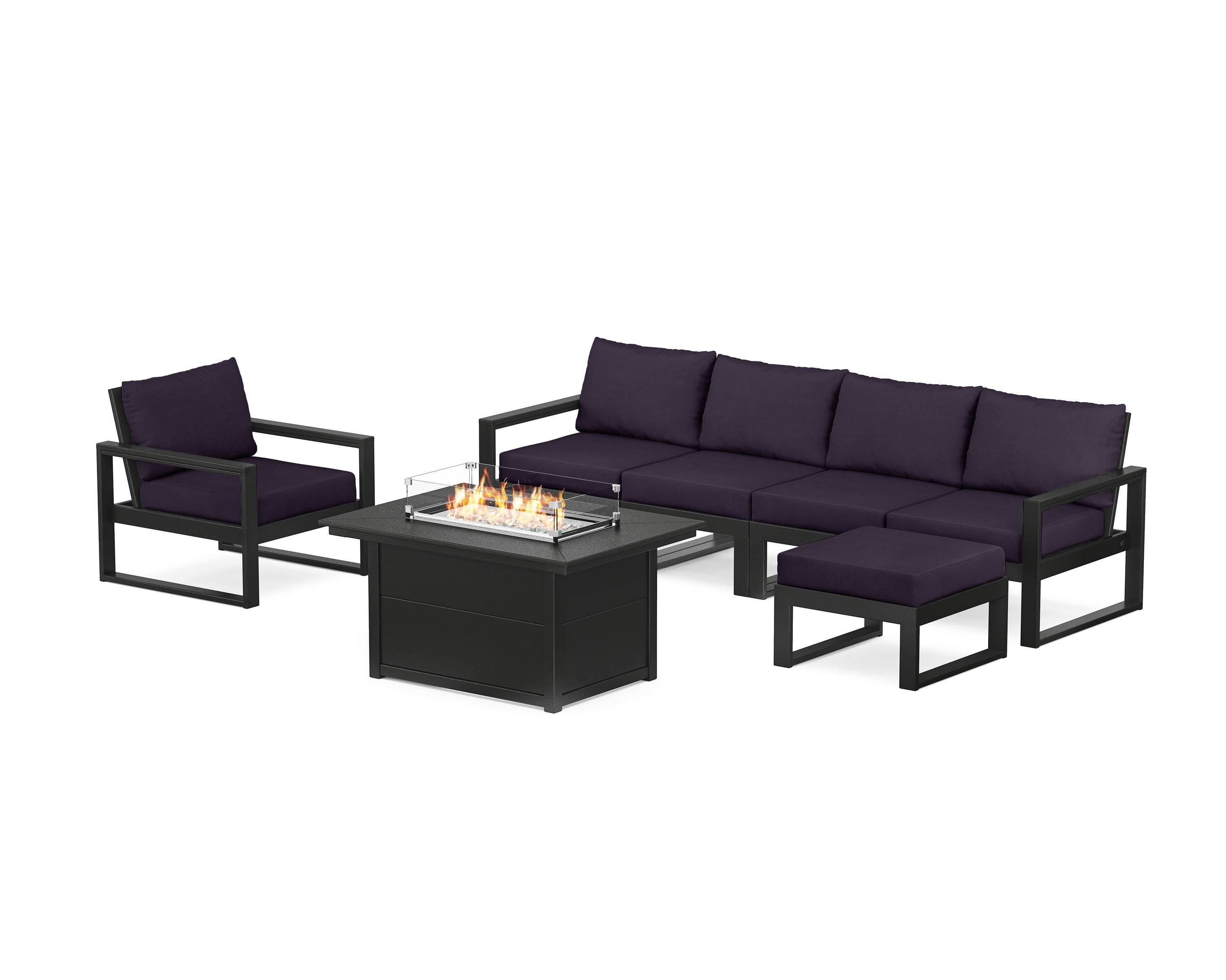 POLYWOOD EDGE Sectional Lounge and Fire Pit Set in Black / Navy Linen