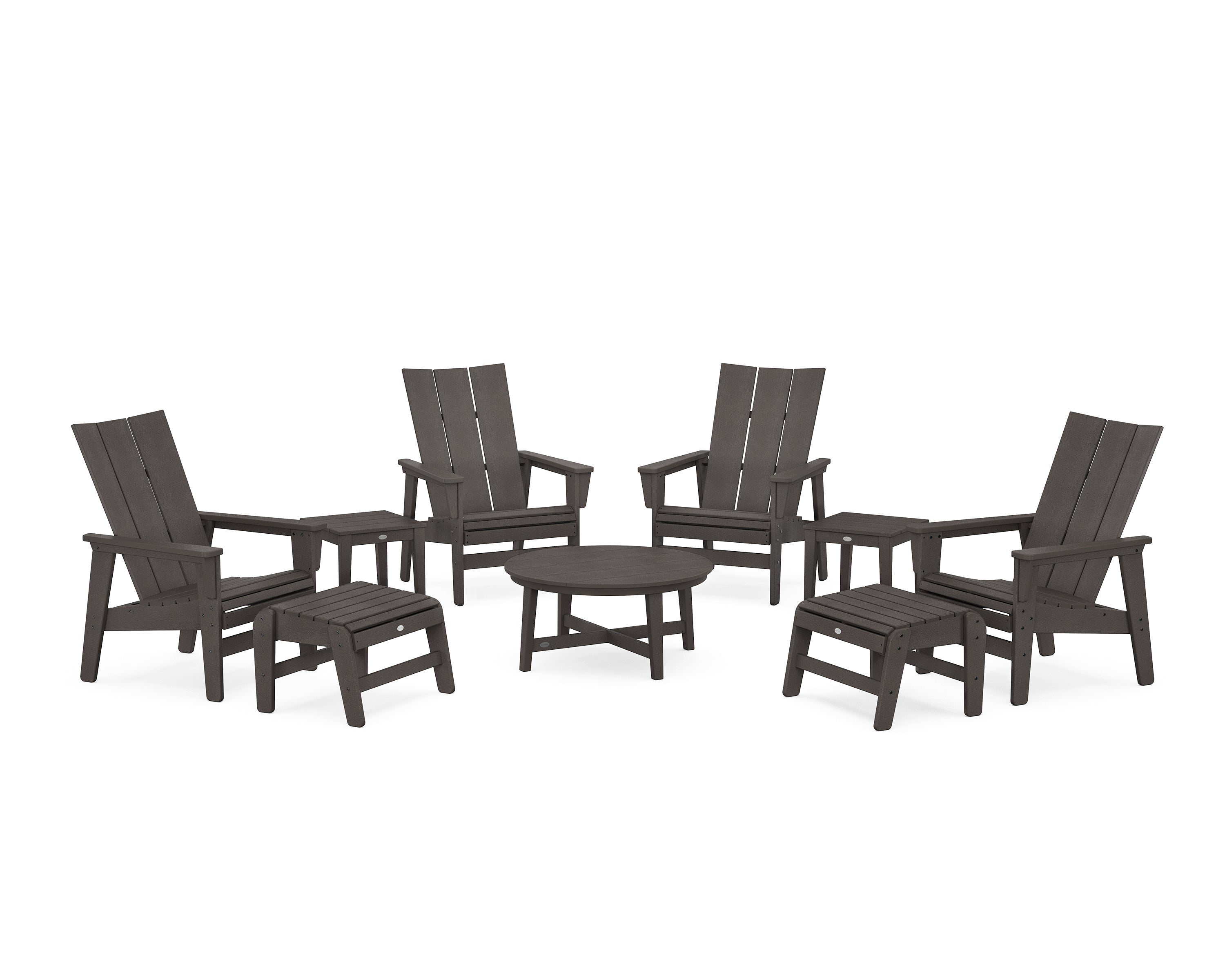 POLYWOOD® Modern Grand Upright Adirondack 9-Piece Conversation Set in Vintage Coffee