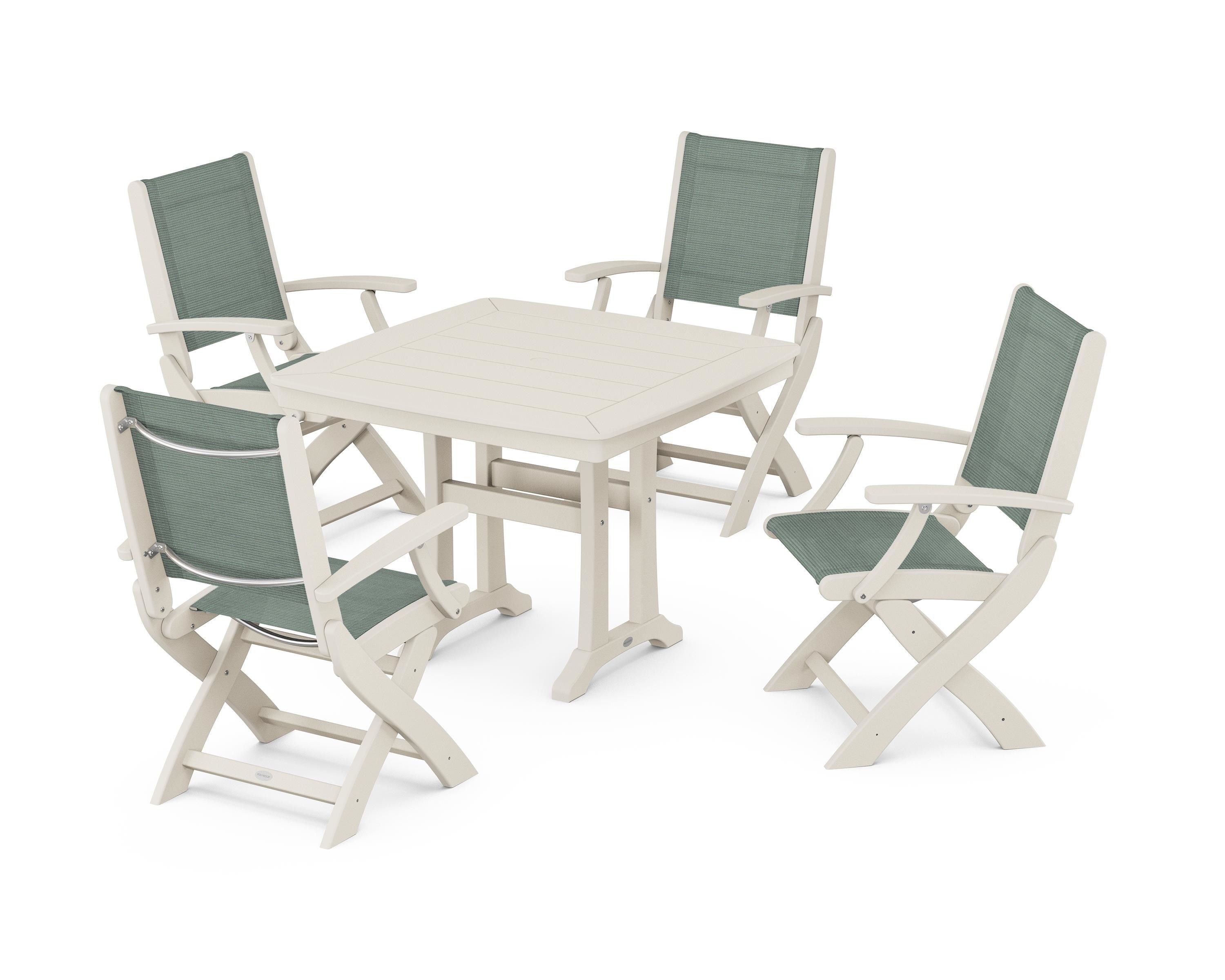 POLYWOOD Coastal Folding Chair 5-Piece Dining Set with Trestle Legs in Sand / Dupioni Sea Mist Sling