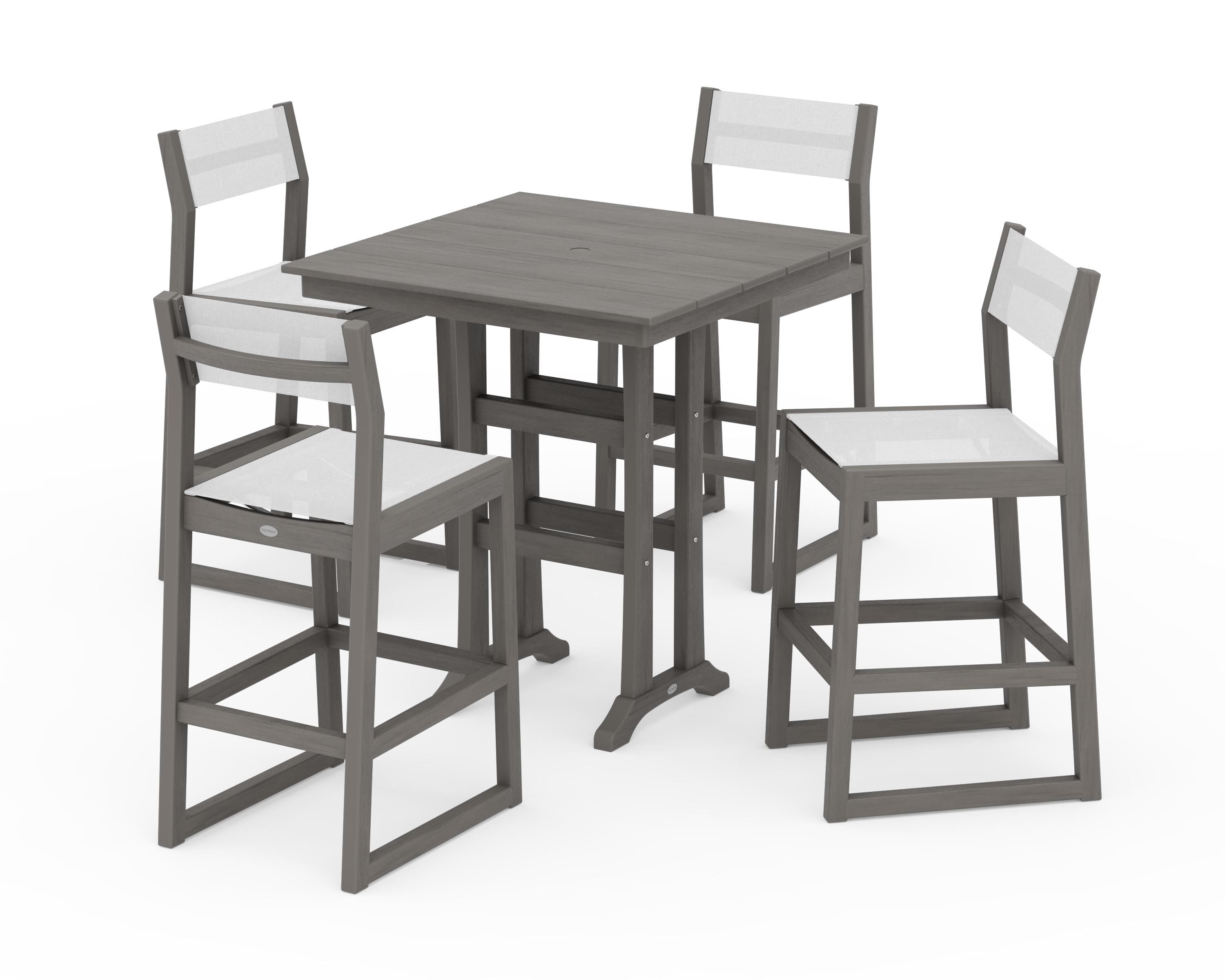 POLYWOOD EDGE Sling Arm Chair 5-Piece Farmhouse Bar Set with Trestle Legs in Driftwood / White Sling