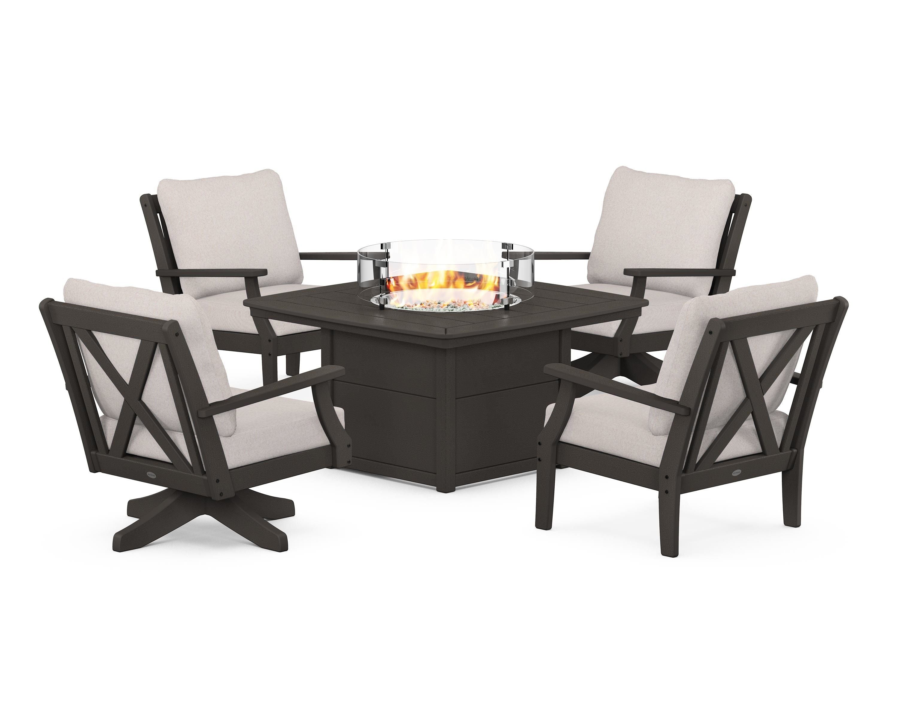 POLYWOOD Braxton 5-Piece Deep Seating Set with Fire Table in Vintage Coffee / Dune Burlap