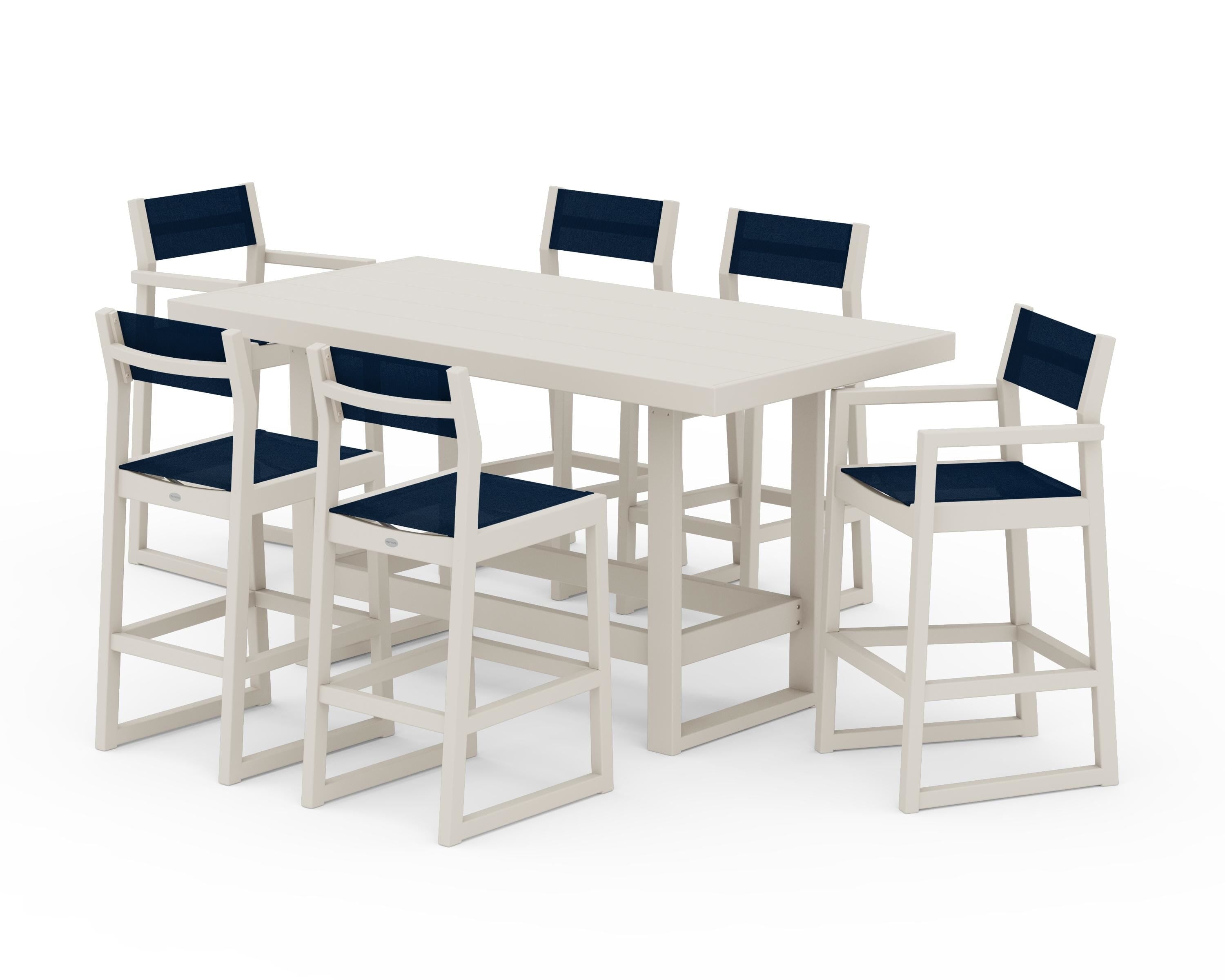 POLYWOOD EDGE Sling 7-Piece Bar Table Set in Sand / Navy Blue Sling