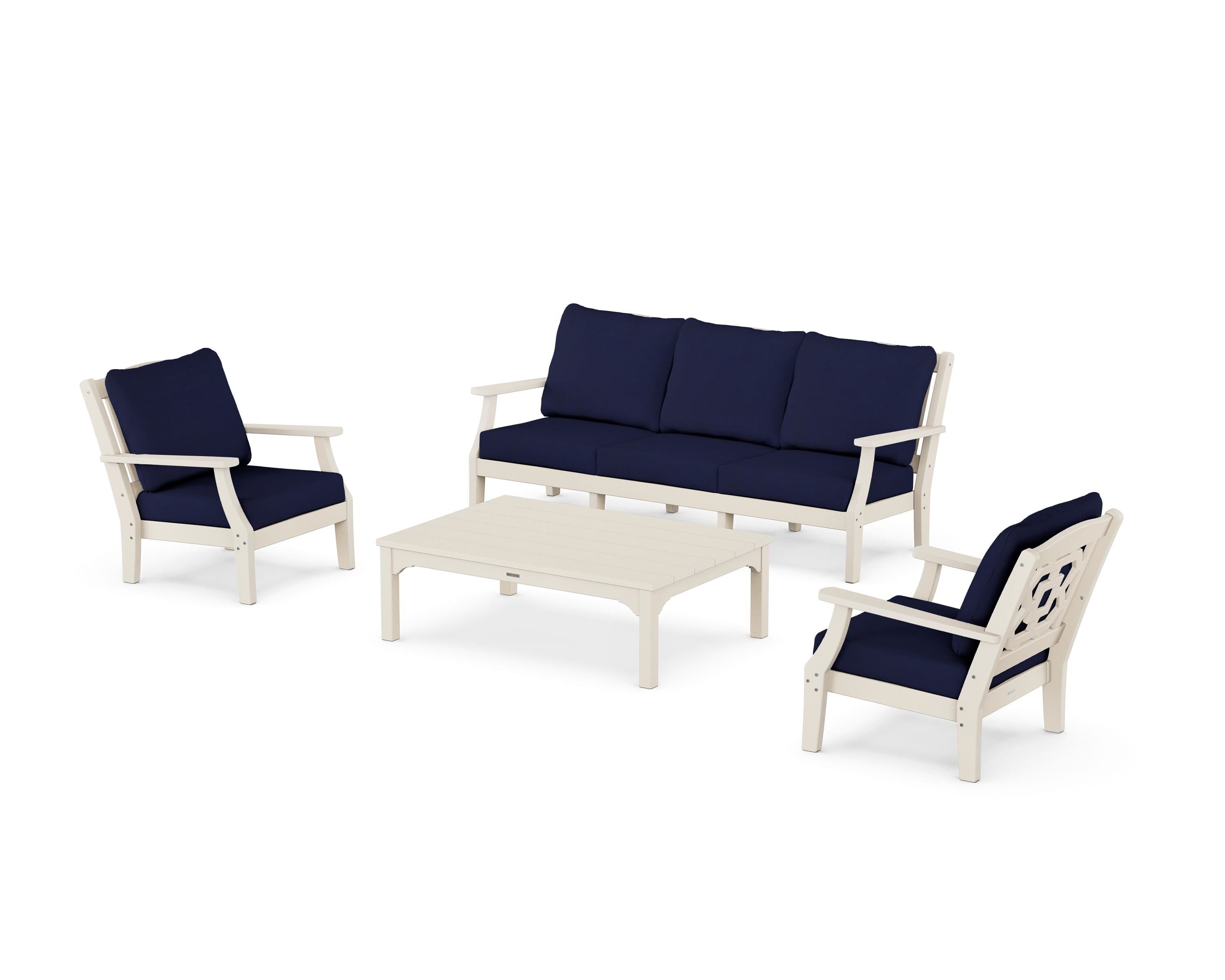 Martha Stewart by POLYWOOD Chinoiserie 4-Piece Deep Seating Set with Sofa in Sand / Navy