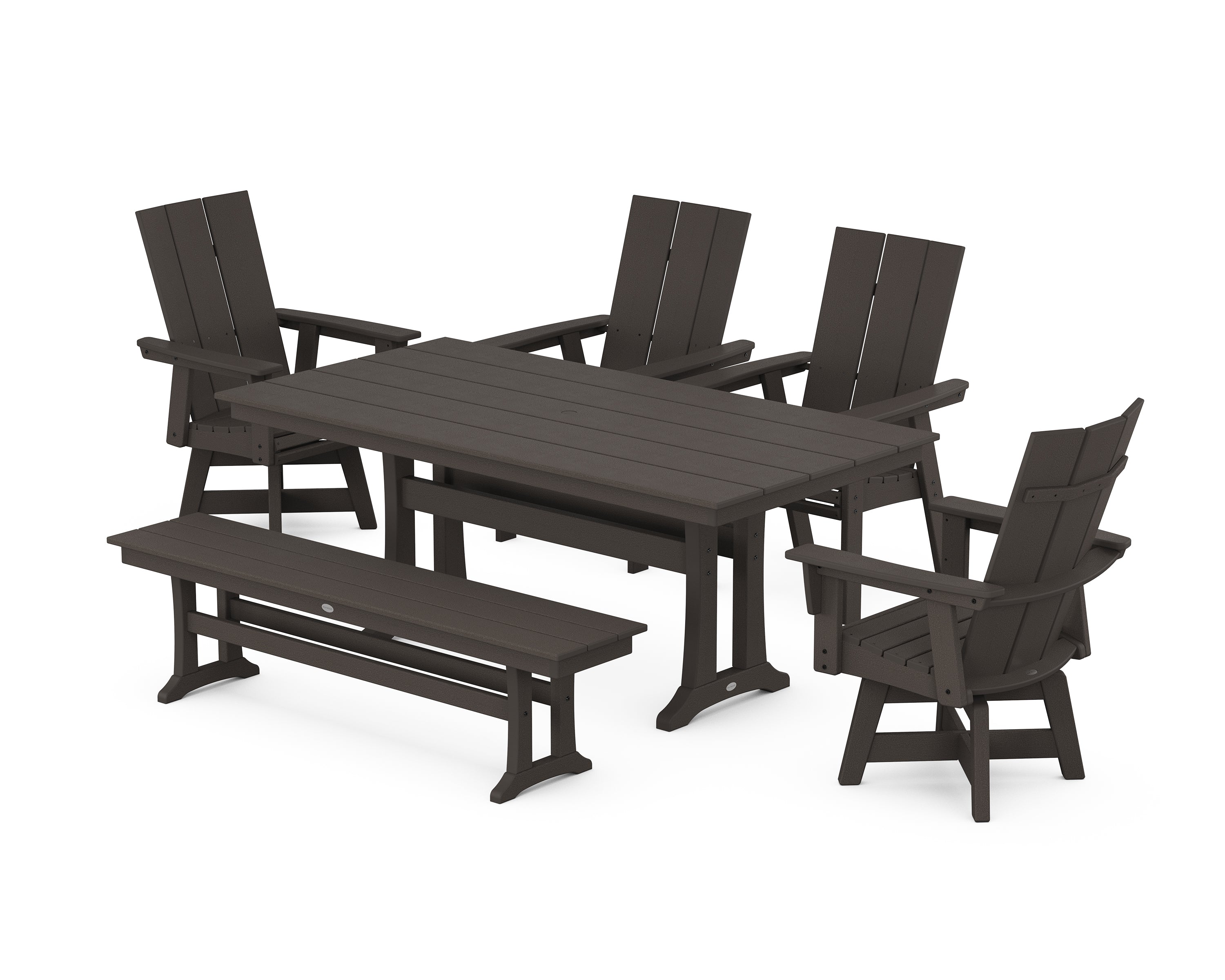 POLYWOOD Modern Curveback Adirondack Swivel Chair 6-Piece Farmhouse Dining Set With Trestle Legs and Bench in Vintage Coffee
