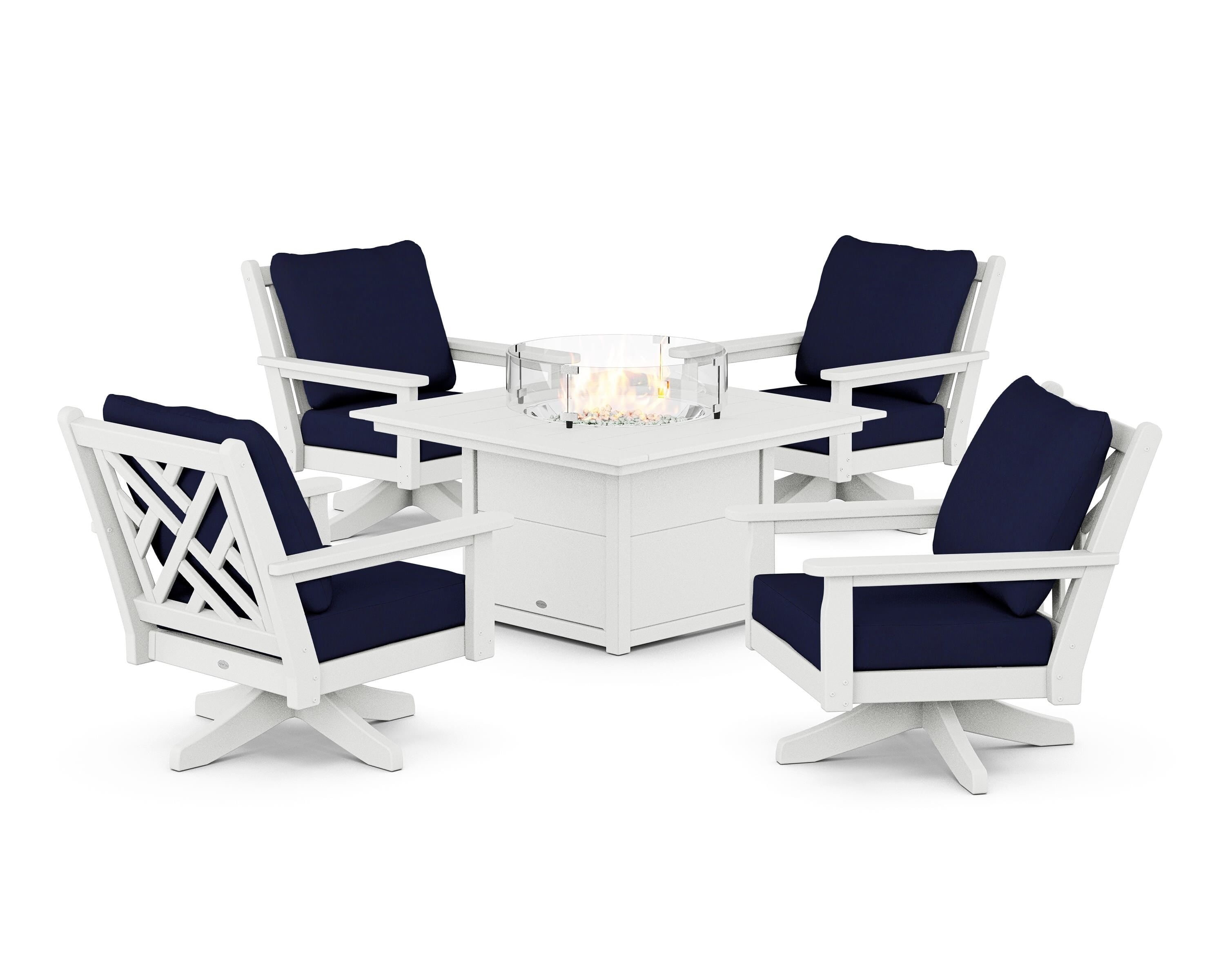 POLYWOOD Chippendale 5-Piece Deep Seating Swivel Conversation Set with Fire Pit Table in White / Navy