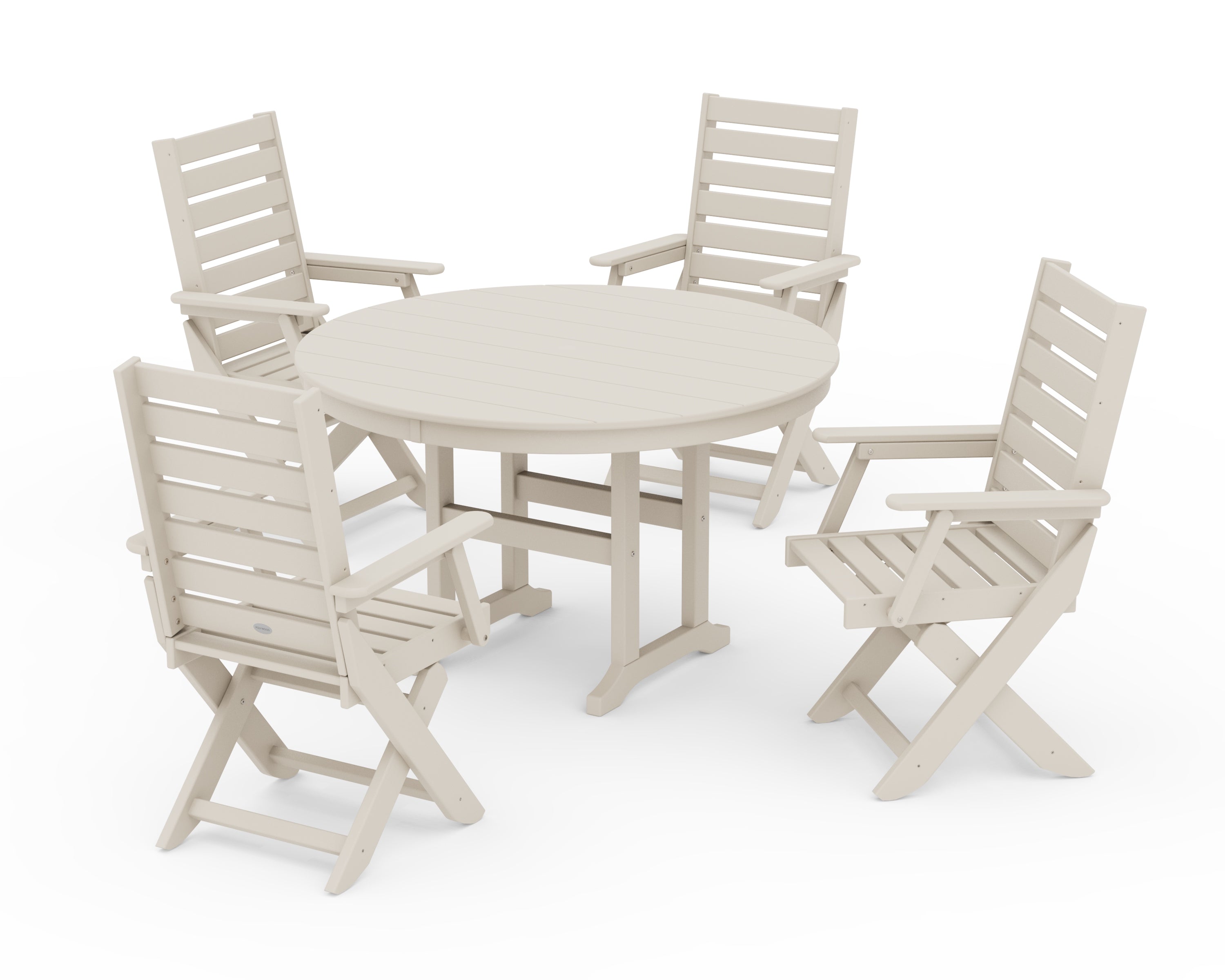 POLYWOOD Captain Folding Chair 5-Piece Round Dining Set in Sand