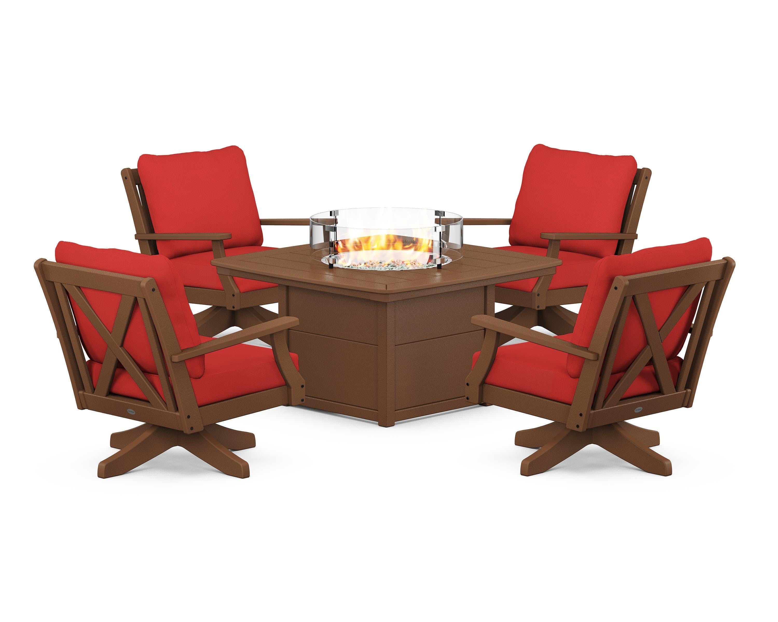 POLYWOOD Braxton 5-Piece Deep Seating Swivel Conversation Set with Fire Pit Table in Teak / Crimson Linen