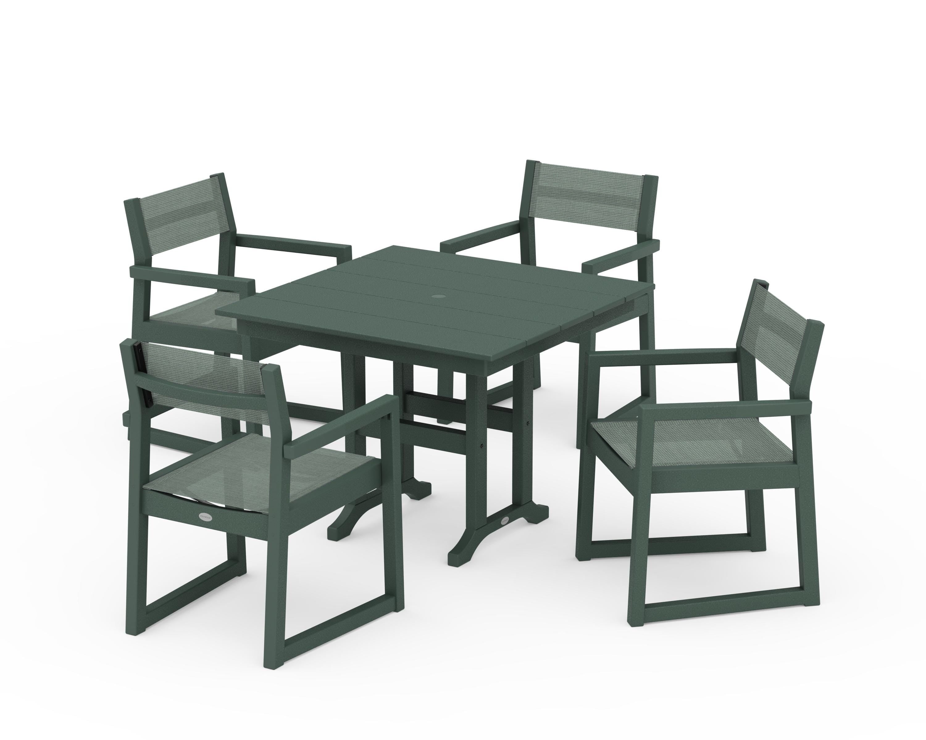 POLYWOOD EDGE Sling Arm Chair 5-Piece Farmhouse Dining Set in Green / Dupioni Sea Mist Sling