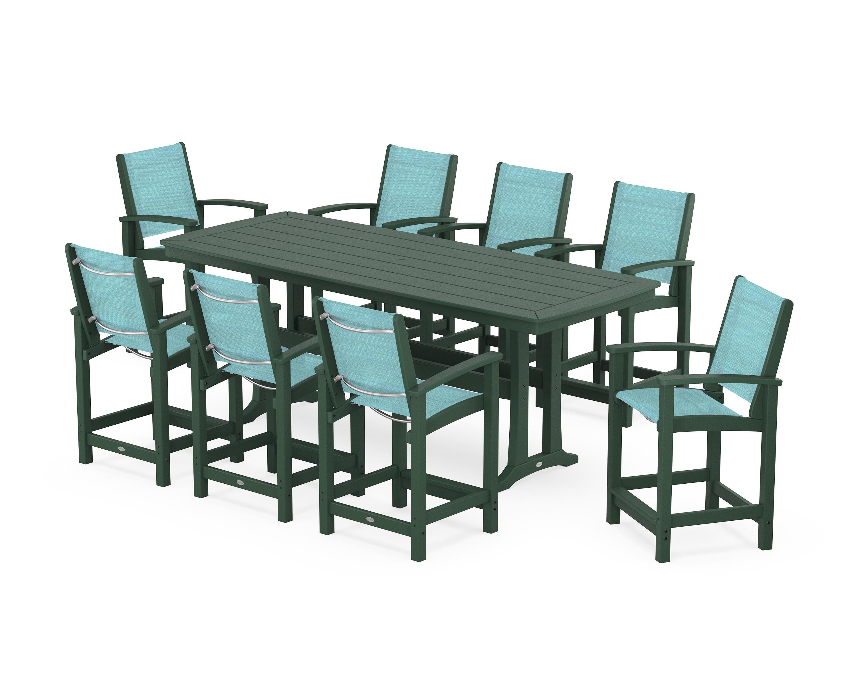 POLYWOOD Coastal 9-Piece Counter Set with Trestle Legs in Green / Dupioni Aquamarine Sling