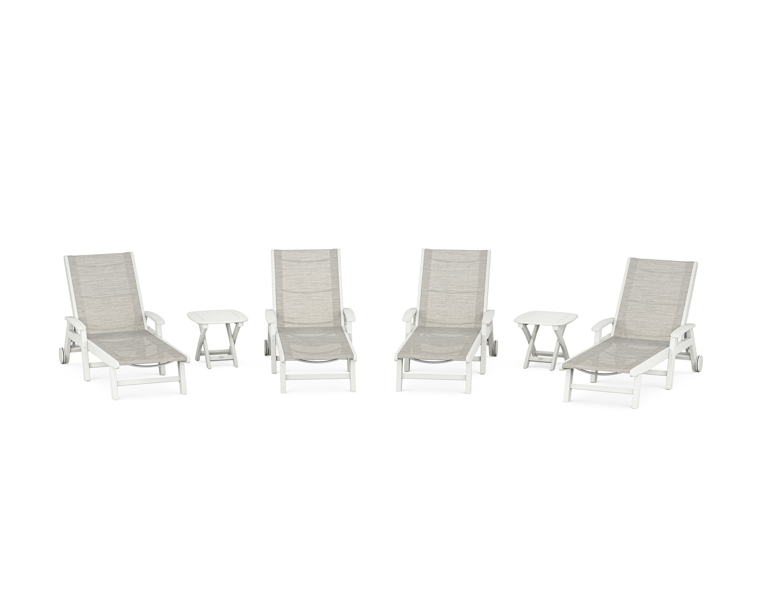 POLYWOOD Coastal Chaise 6-Piece Set with Wheels in Vintage White / Birch Sling