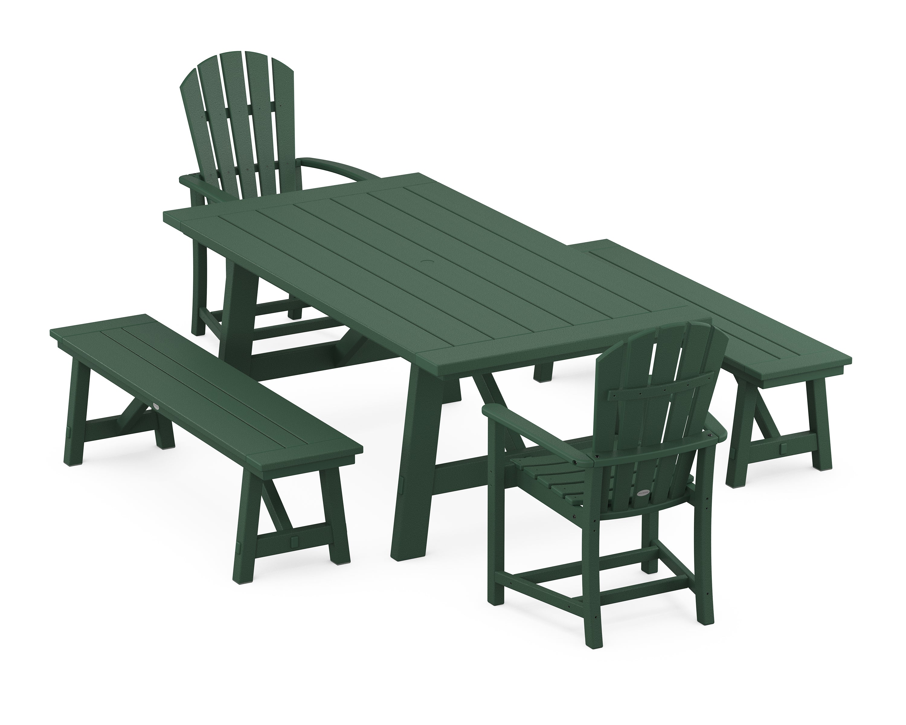 POLYWOOD Palm Coast 5-Piece Rustic Farmhouse Dining Set With Benches in Green