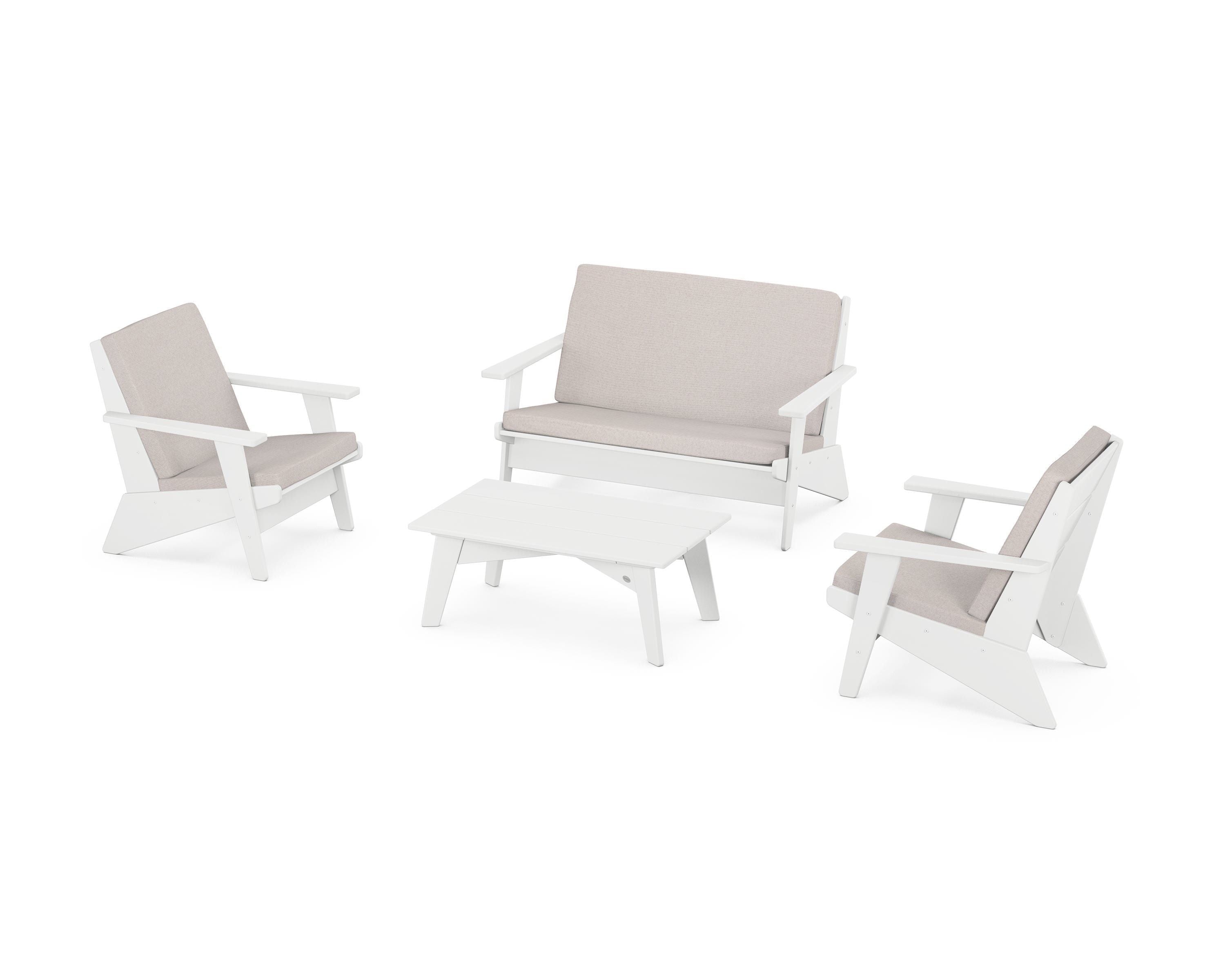 POLYWOOD Riviera Modern Lounge 4-Piece Set in White / Dune Burlap