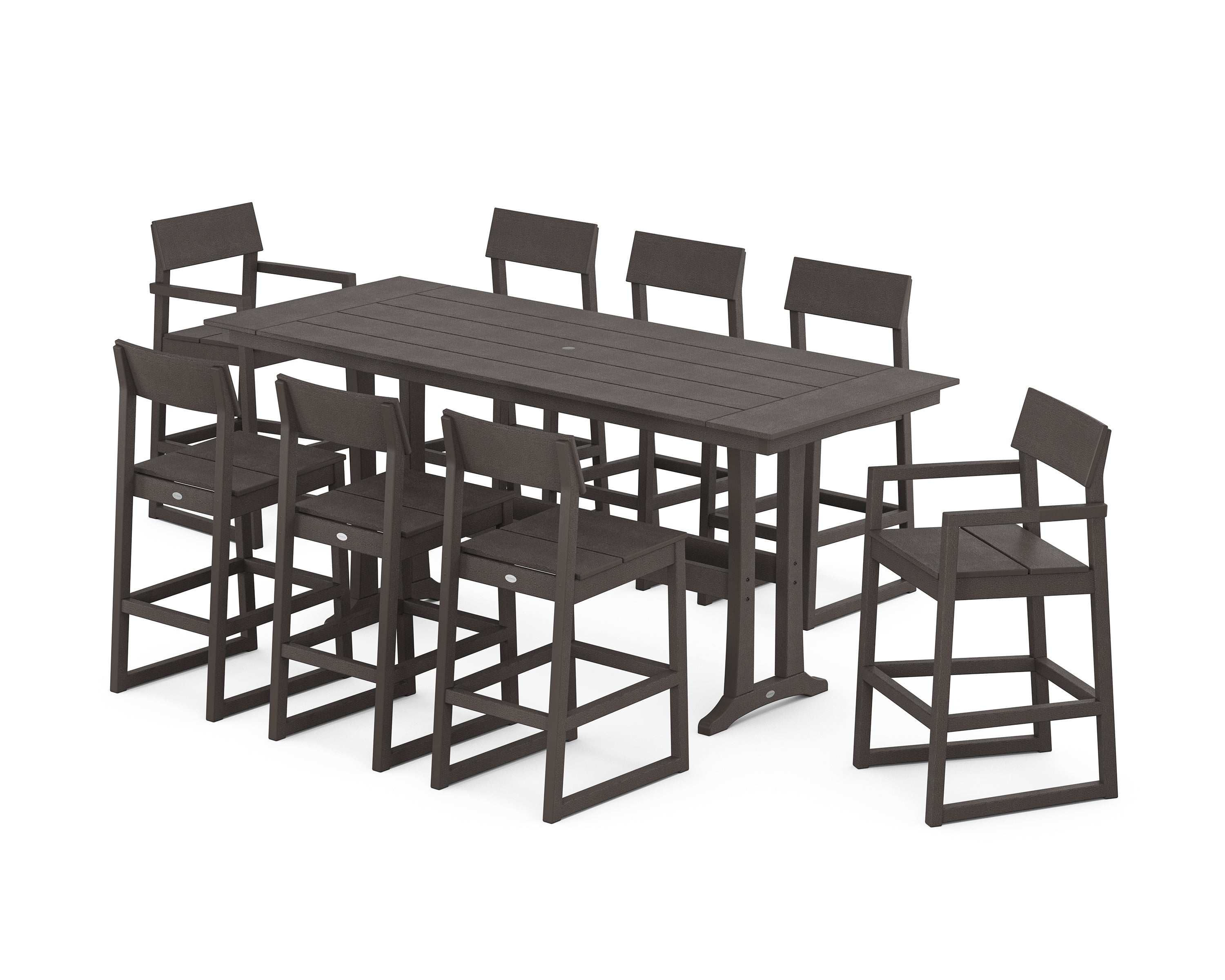 POLYWOOD EDGE 9-Piece Farmhouse Bar Set with Trestle Legs in Vintage Coffee