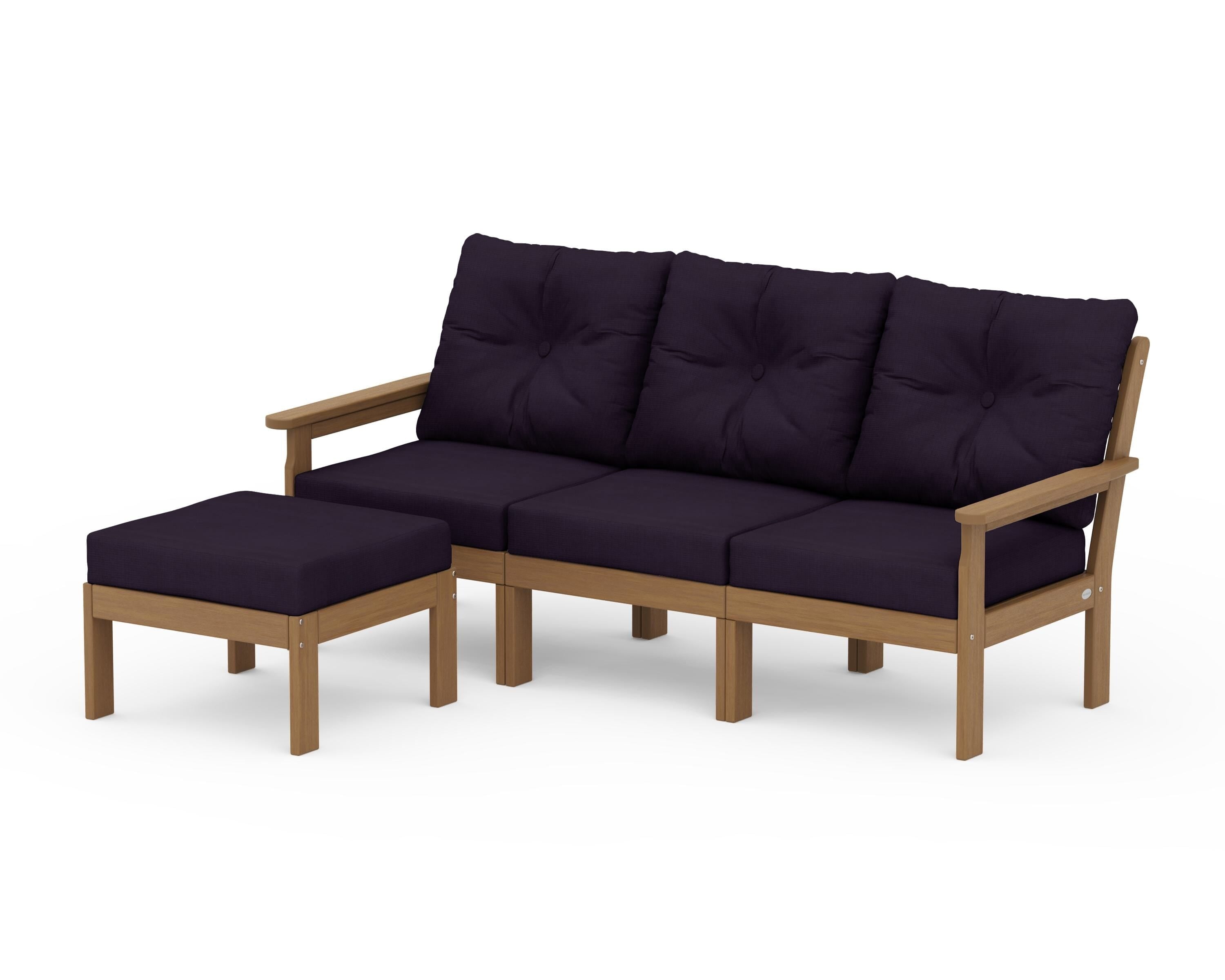 POLYWOOD Vineyard 4-Piece Sectional with Ottoman in Natural / Navy Linen