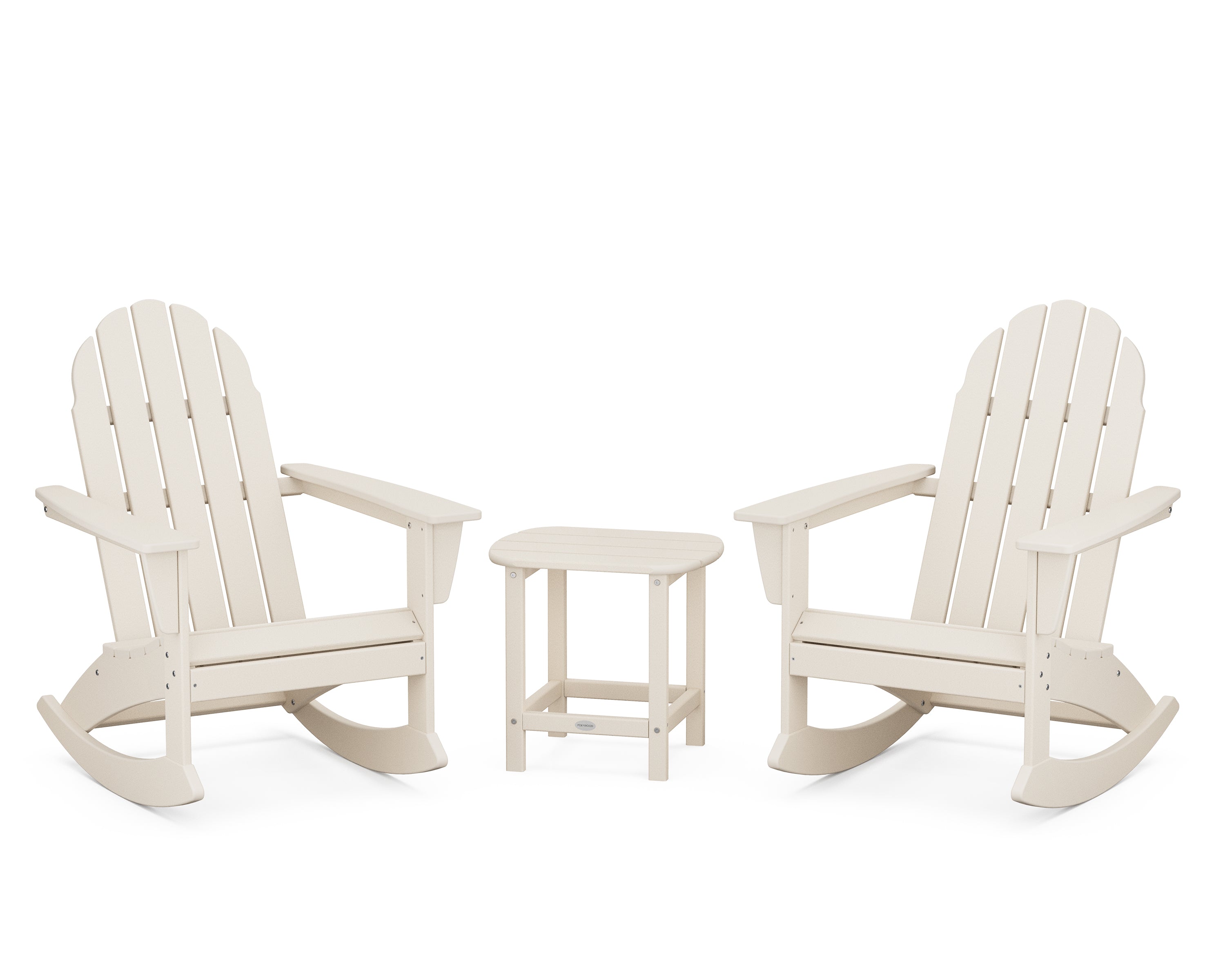 POLYWOOD Vineyard 3-Piece Adirondack Rocking Chair Set with South Beach 18" Side Table in Sand
