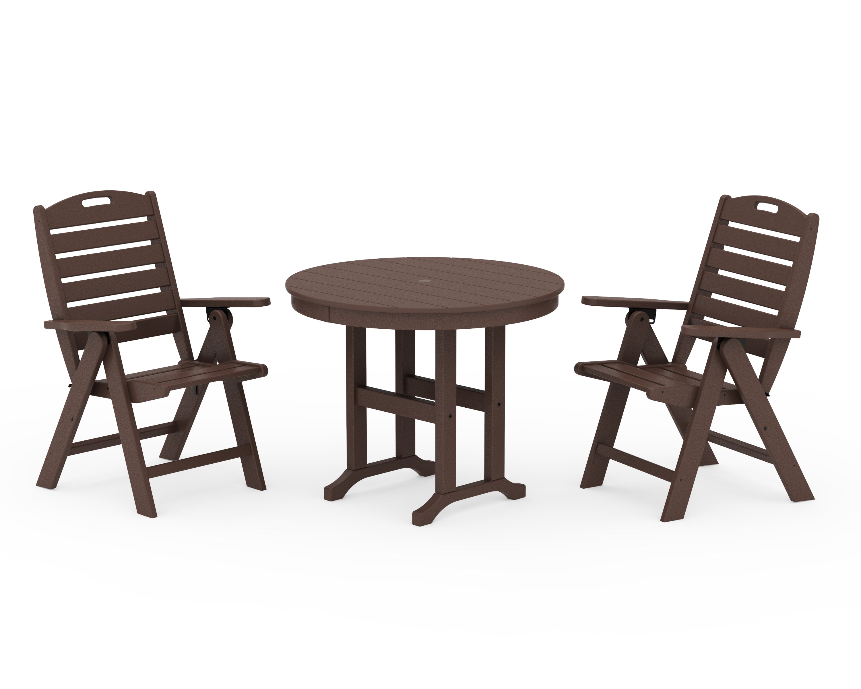 POLYWOOD Nautical Folding Highback Chair 3-Piece Round Dining Set in Mahogany