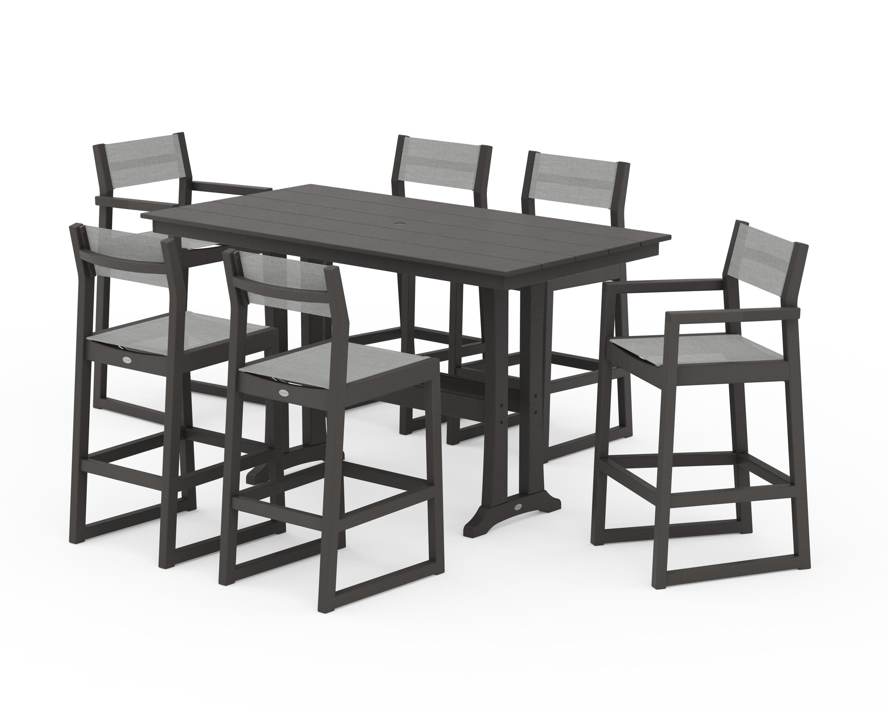 POLYWOOD EDGE Sling 7-Piece Farmhouse Bar Set with Trestle Legs in Vintage Coffee / Metallic Sling