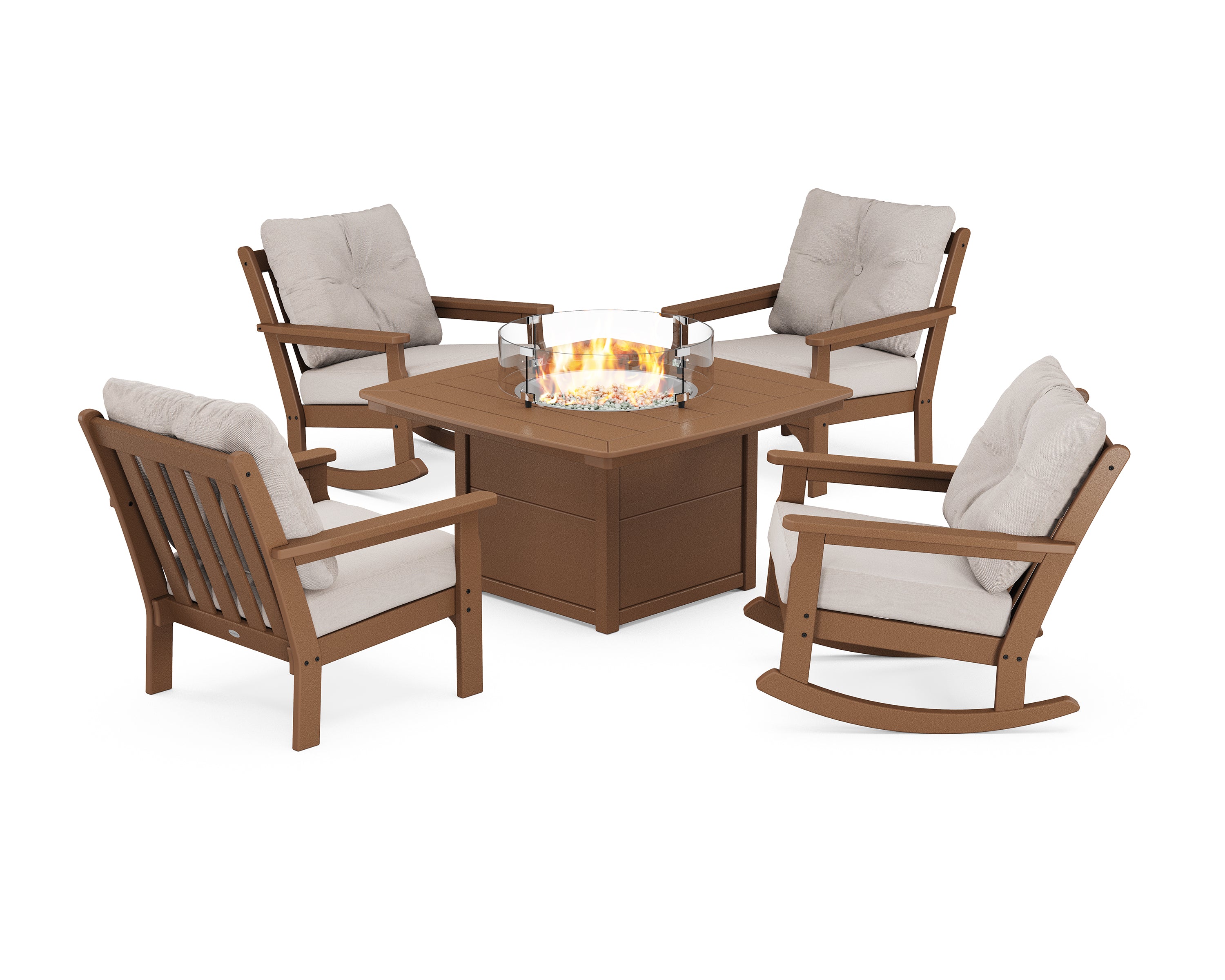 POLYWOOD Vineyard 5-Piece Deep Seating Rocking Chair Conversation Set with Fire Pit Table in Teak / Dune Burlap