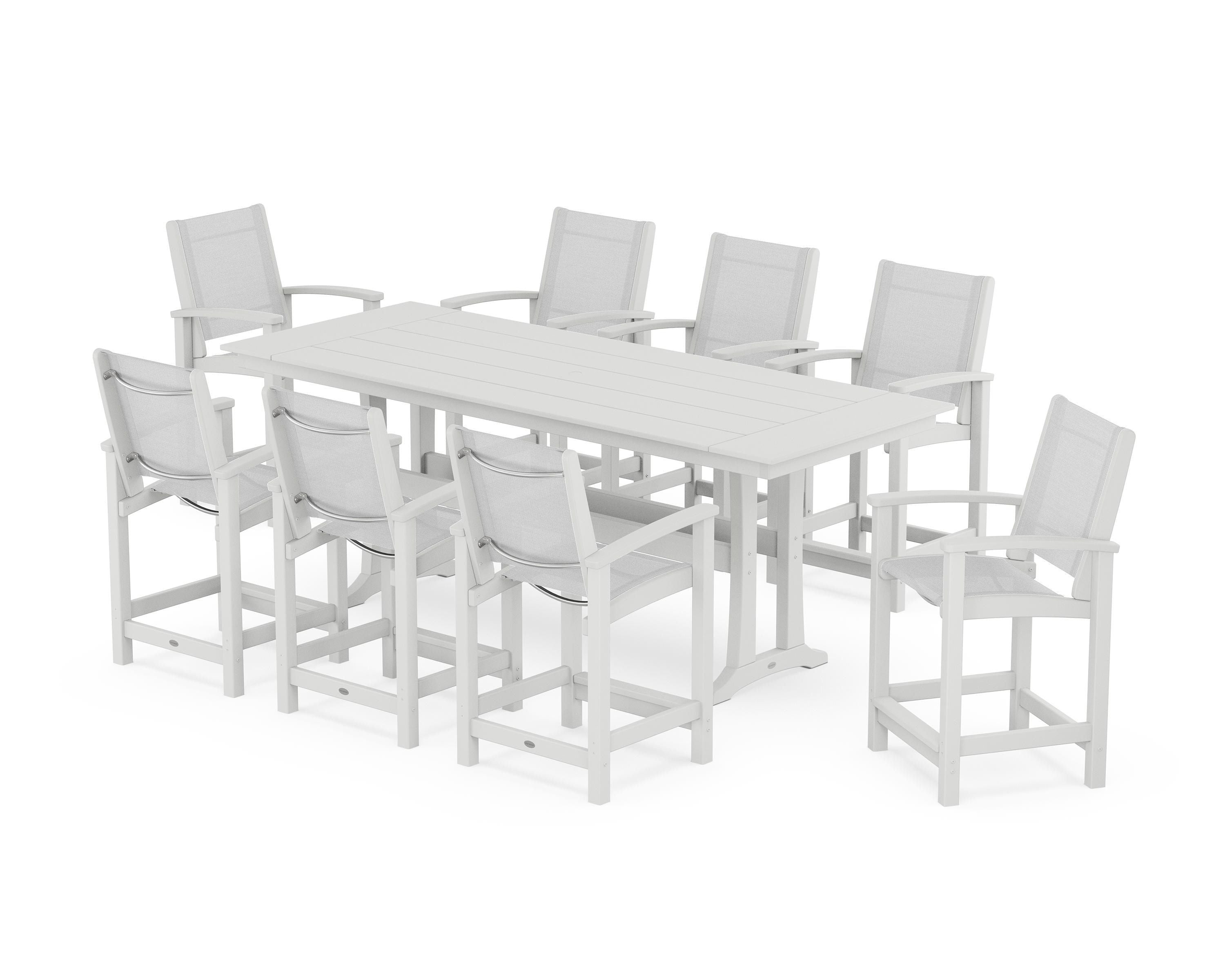 POLYWOOD Coastal 9-Piece Farmhouse Counter Set with Trestle Legs in White / White Sling