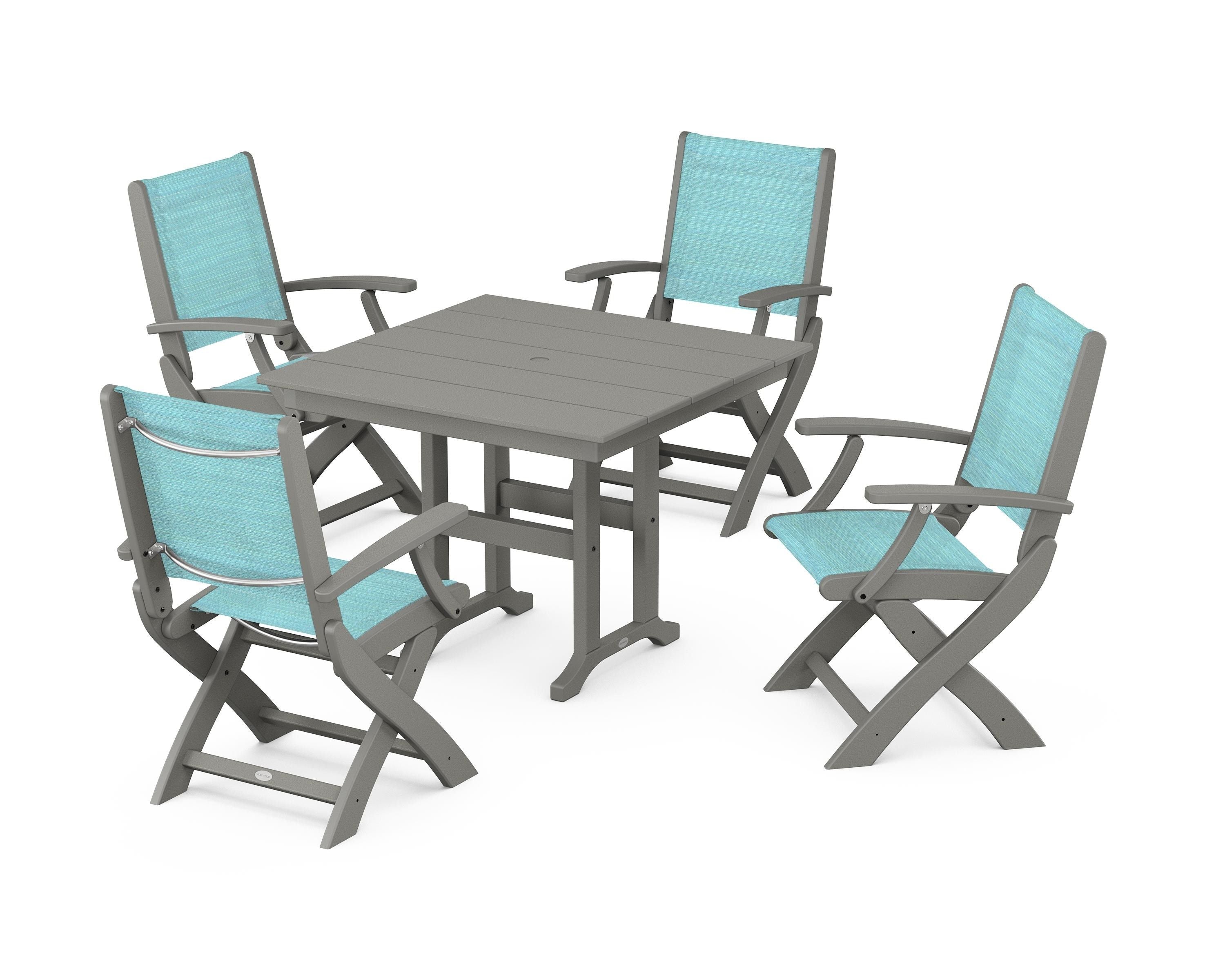 POLYWOOD Coastal Folding Chair 5-Piece Farmhouse Dining Set in Slate Grey / Dupioni Aquamarine Sling