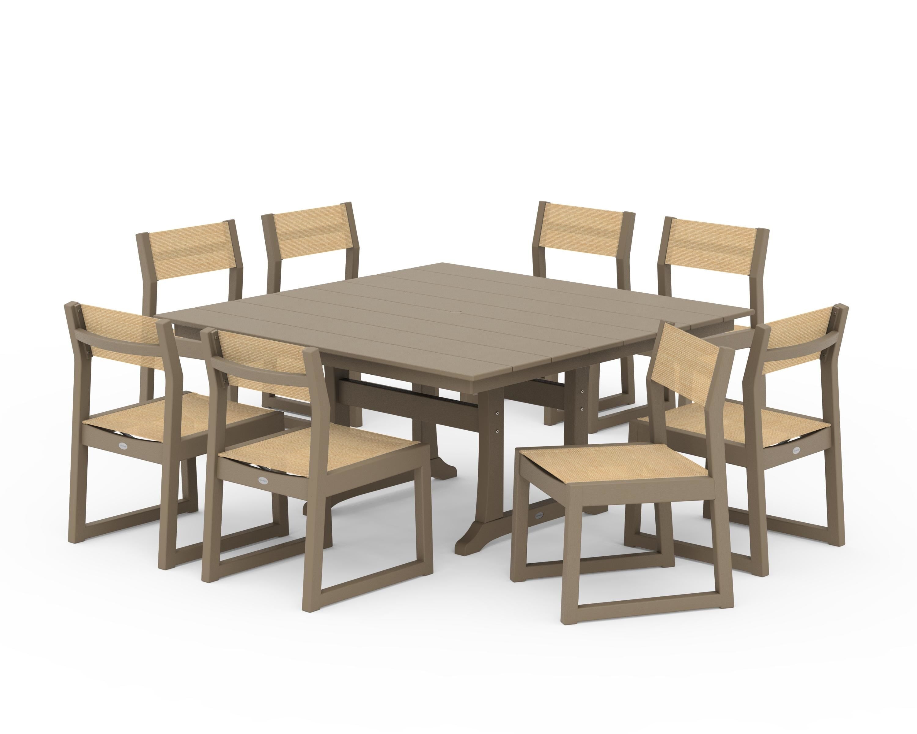 POLYWOOD EDGE Sling Side Chair 9-Piece Farmhouse Trestle Dining Set in Vintage Sahara / Dupioni Apricot Sling
