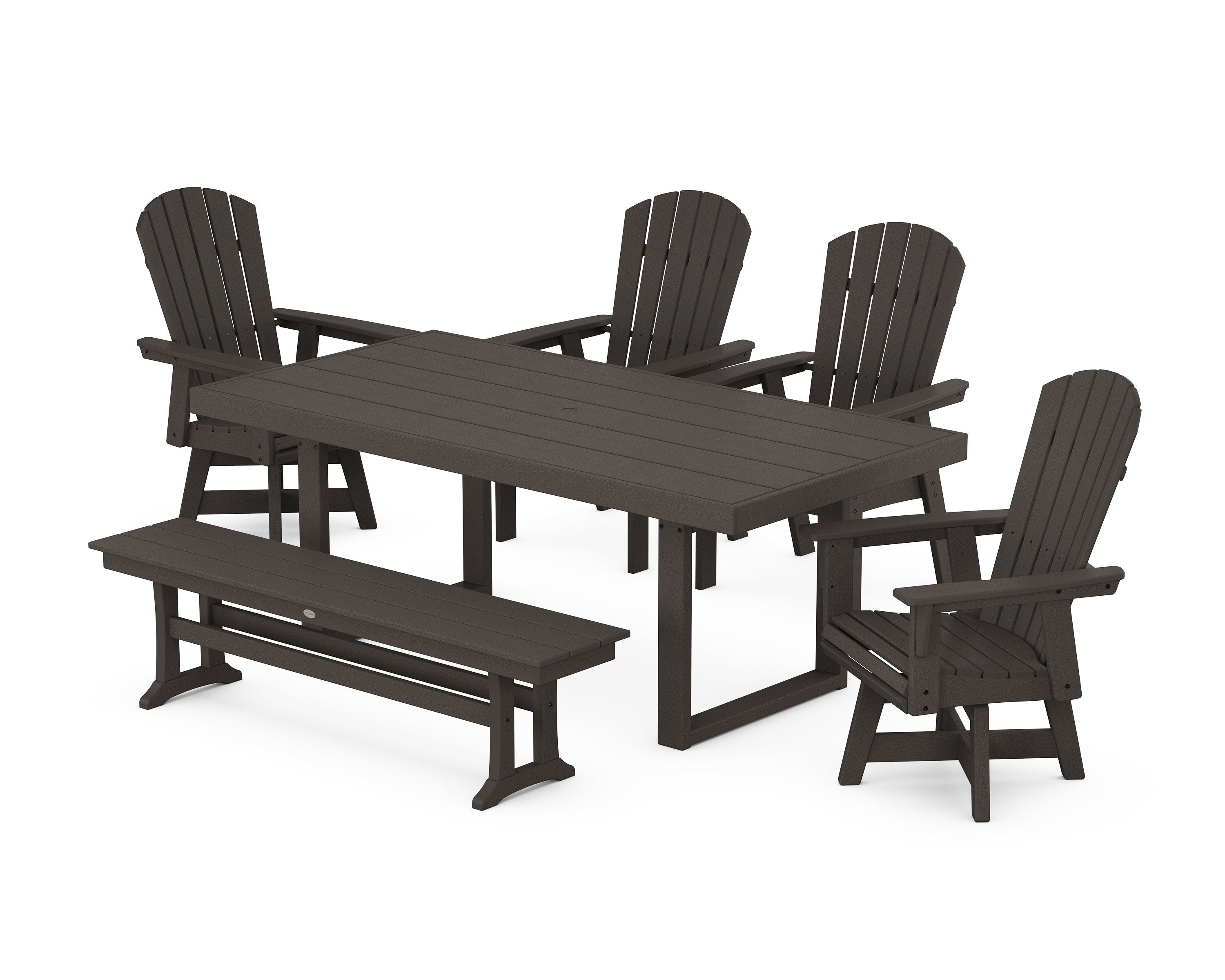 POLYWOOD® Nautical Curveback Adirondack Swivel Chair 6-Piece Dining Set with Bench in Vintage Coffee