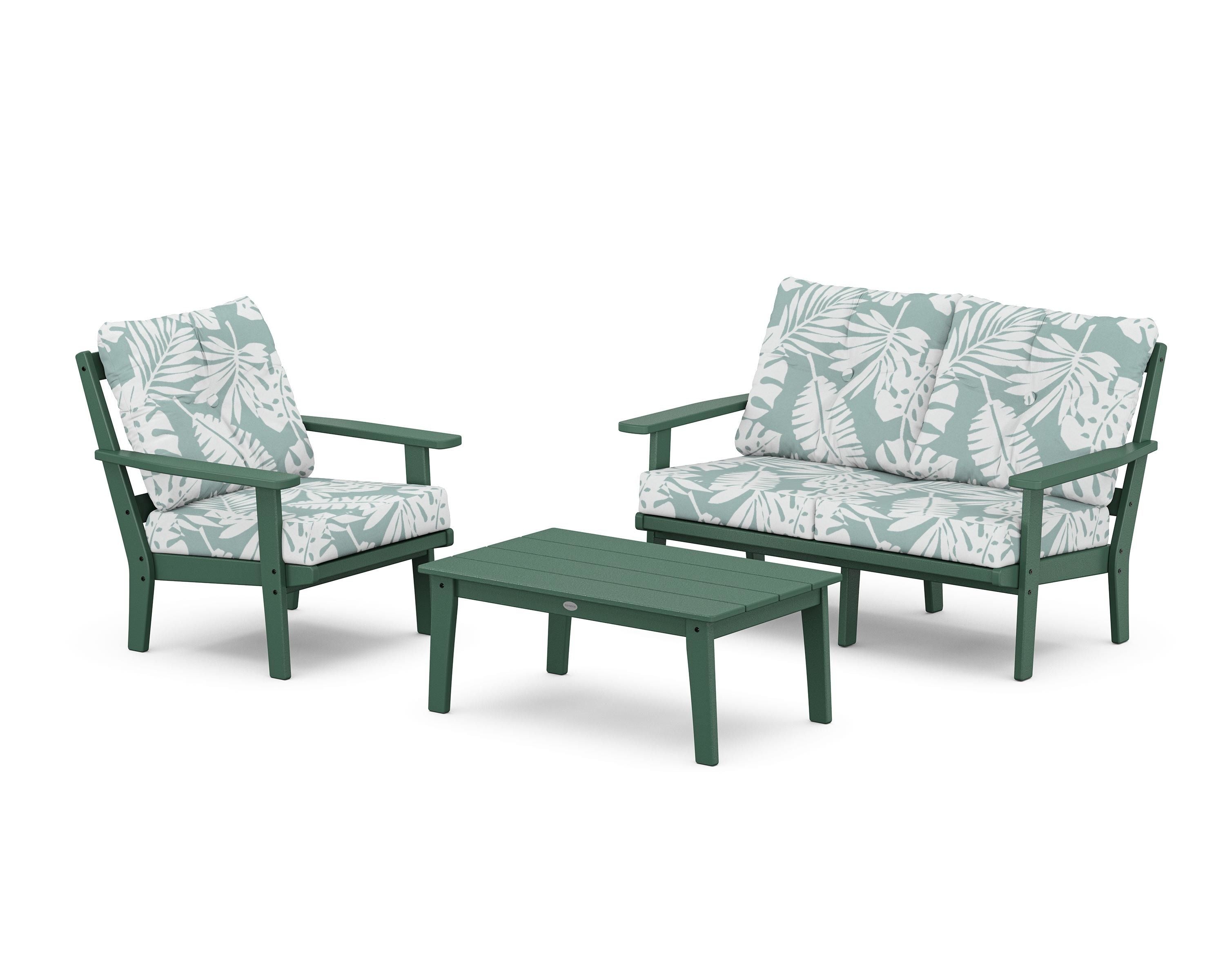 POLYWOOD Oxford 3-Piece Deep Seating Set with Loveseat in Green / Leaf Glacier Spa