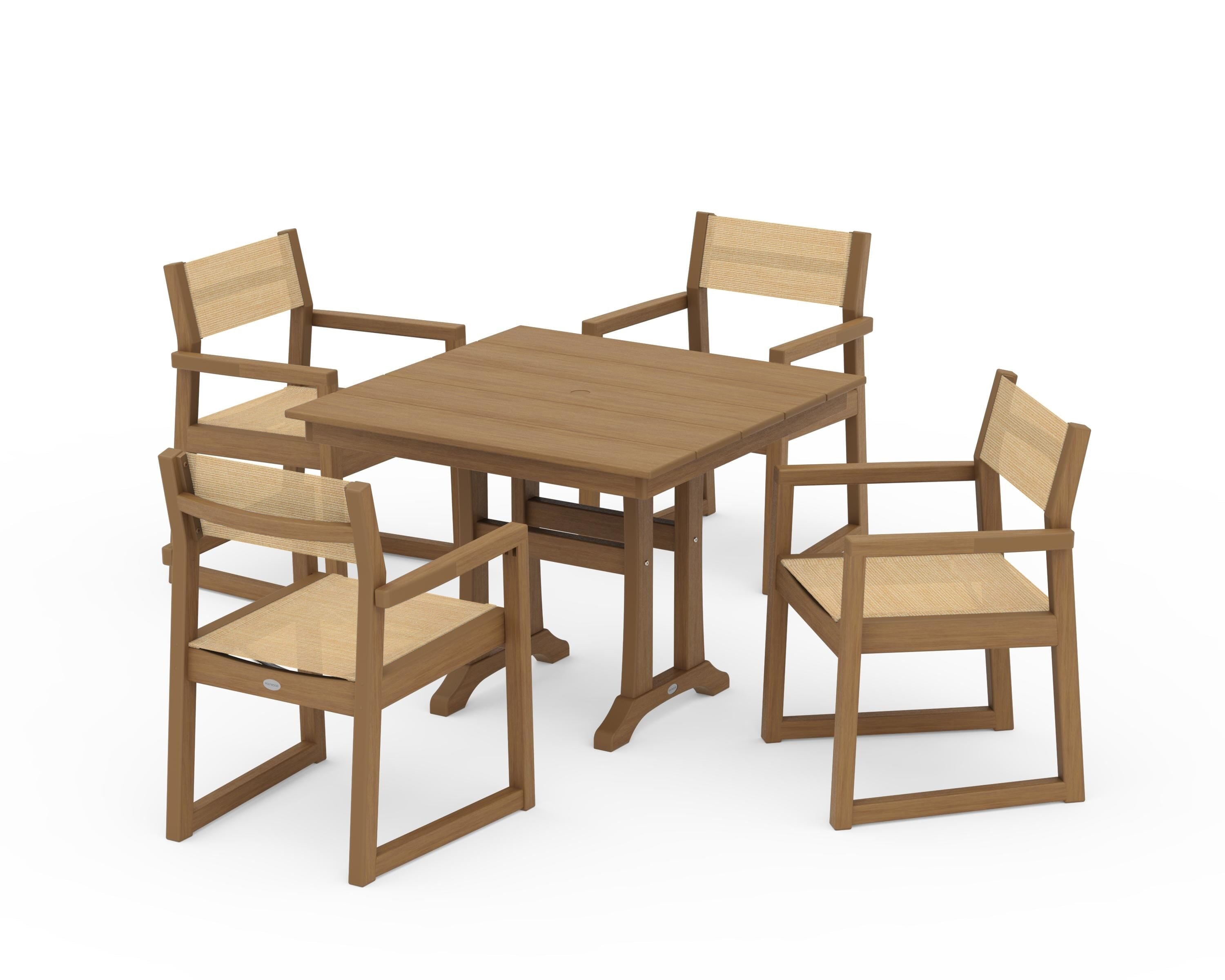 POLYWOOD EDGE Sling 5-Piece Farmhouse Dining Set with Trestle Legs in Natural / Dupioni Apricot Sling