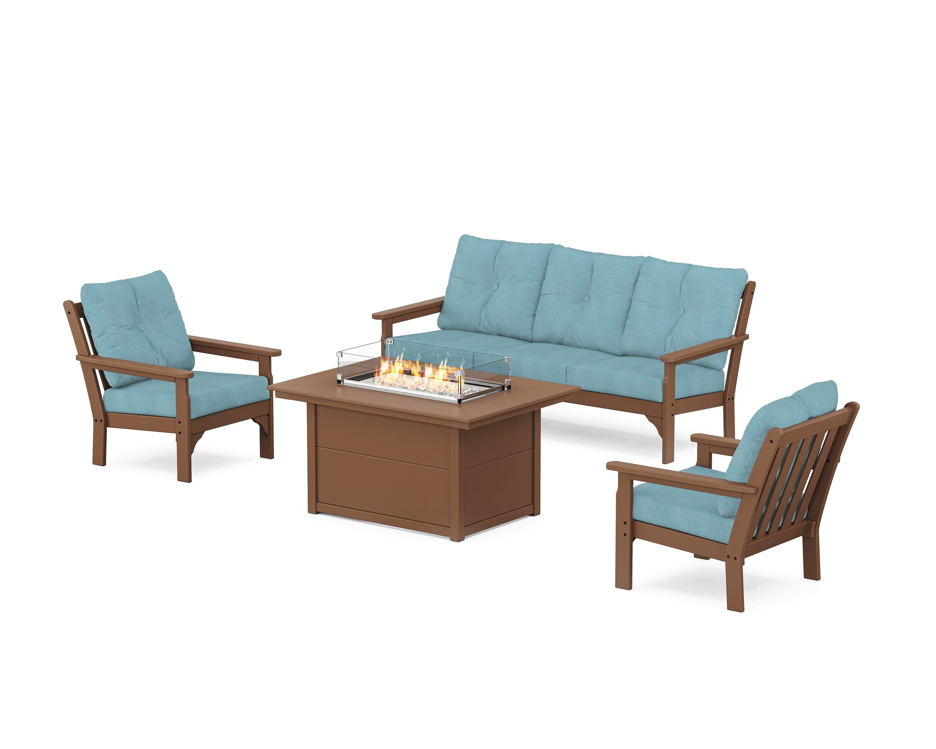 POLYWOOD Vineyard Deep Seating Fire Pit Table Set in Teak / Lattice Sky Blue