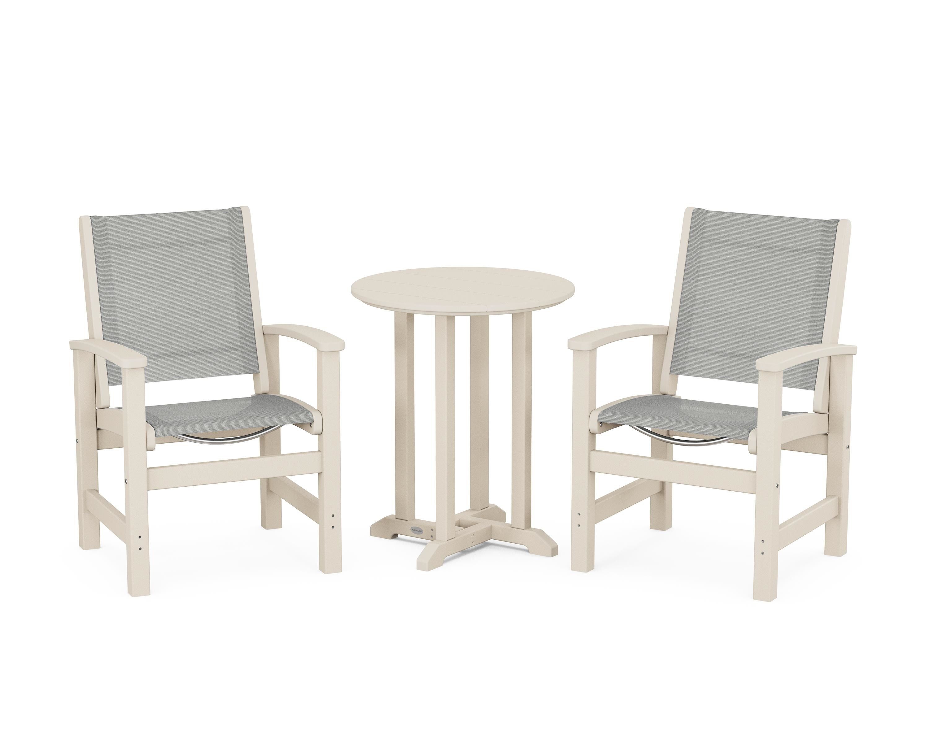 POLYWOOD Coastal 3-Piece Round Bistro Dining Set in Sand / Metallic Sling