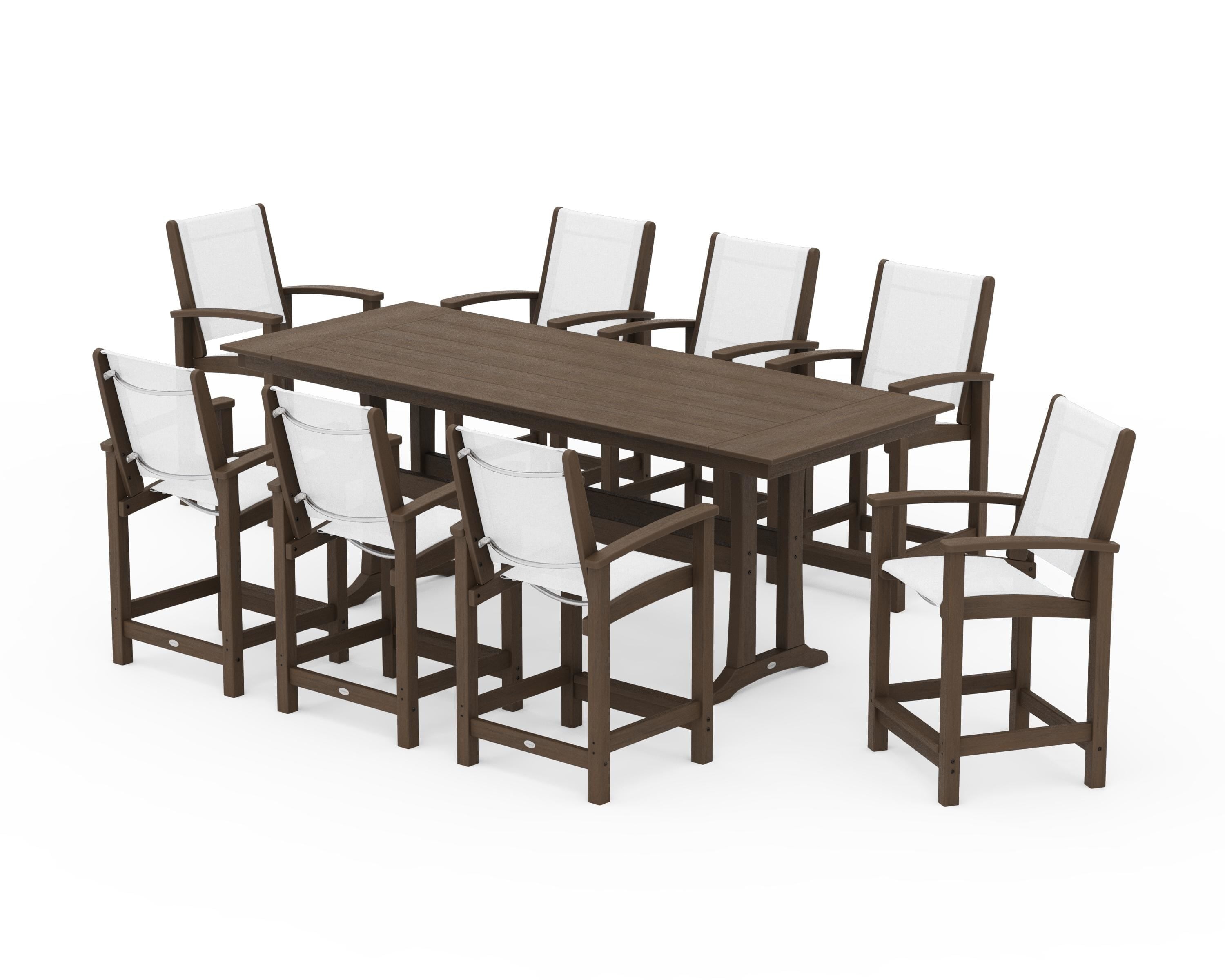 POLYWOOD Coastal 9-Piece Farmhouse Counter Set with Trestle Legs in Kona / White Sling