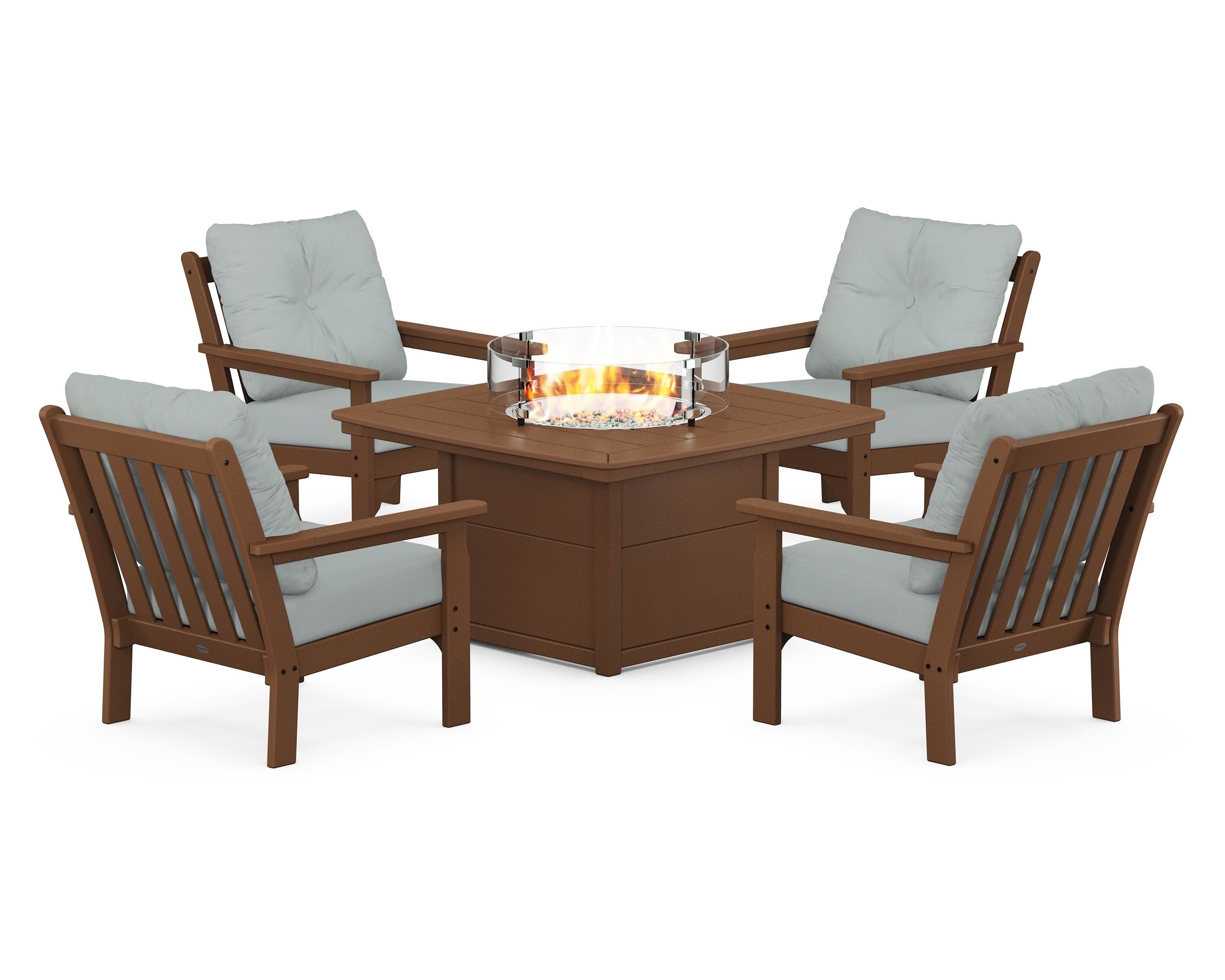 POLYWOOD Vineyard 5-Piece Conversation Set with Fire Pit Table in Teak / Spa