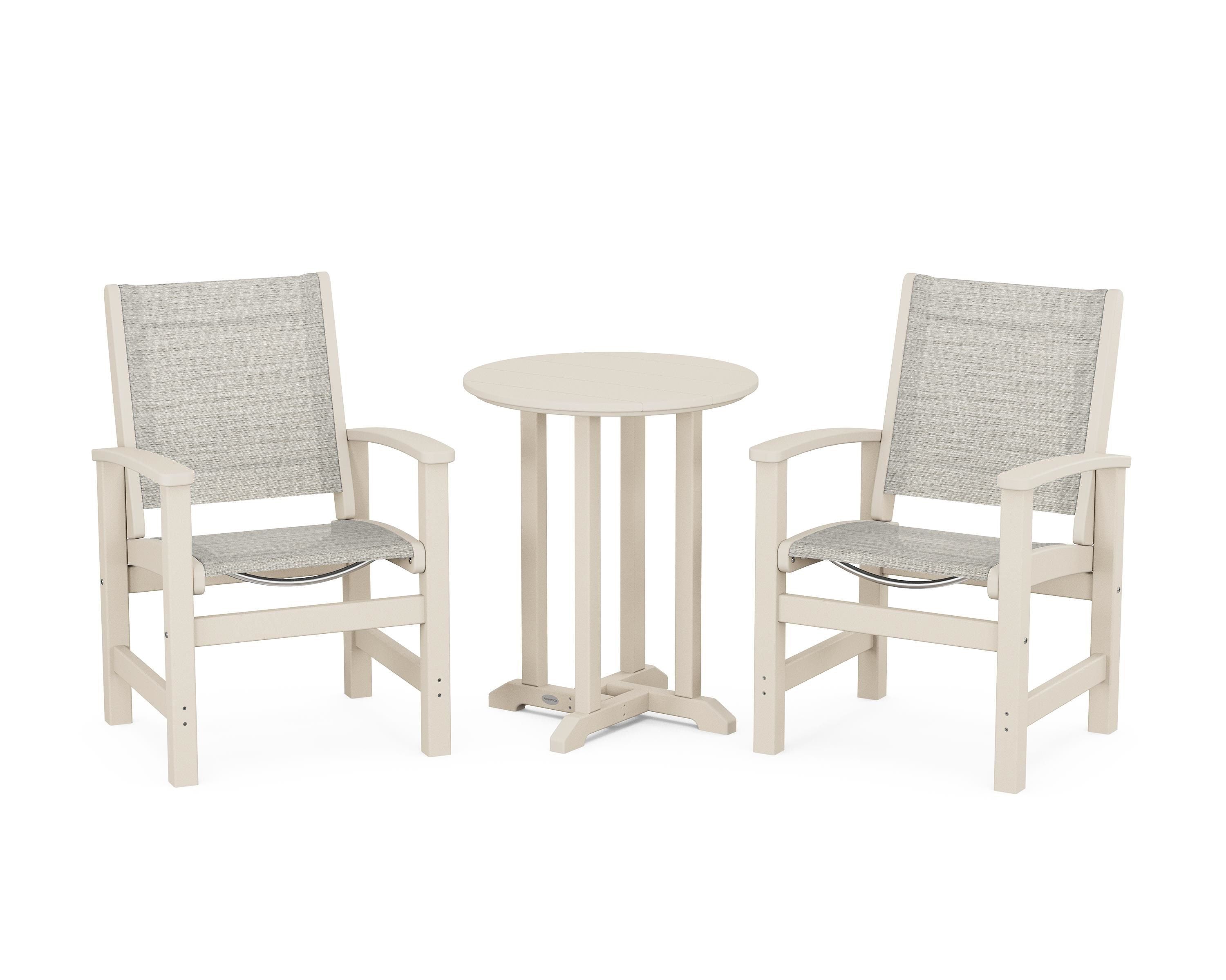 POLYWOOD Coastal 3-Piece Round Bistro Dining Set in Sand / Birch Sling