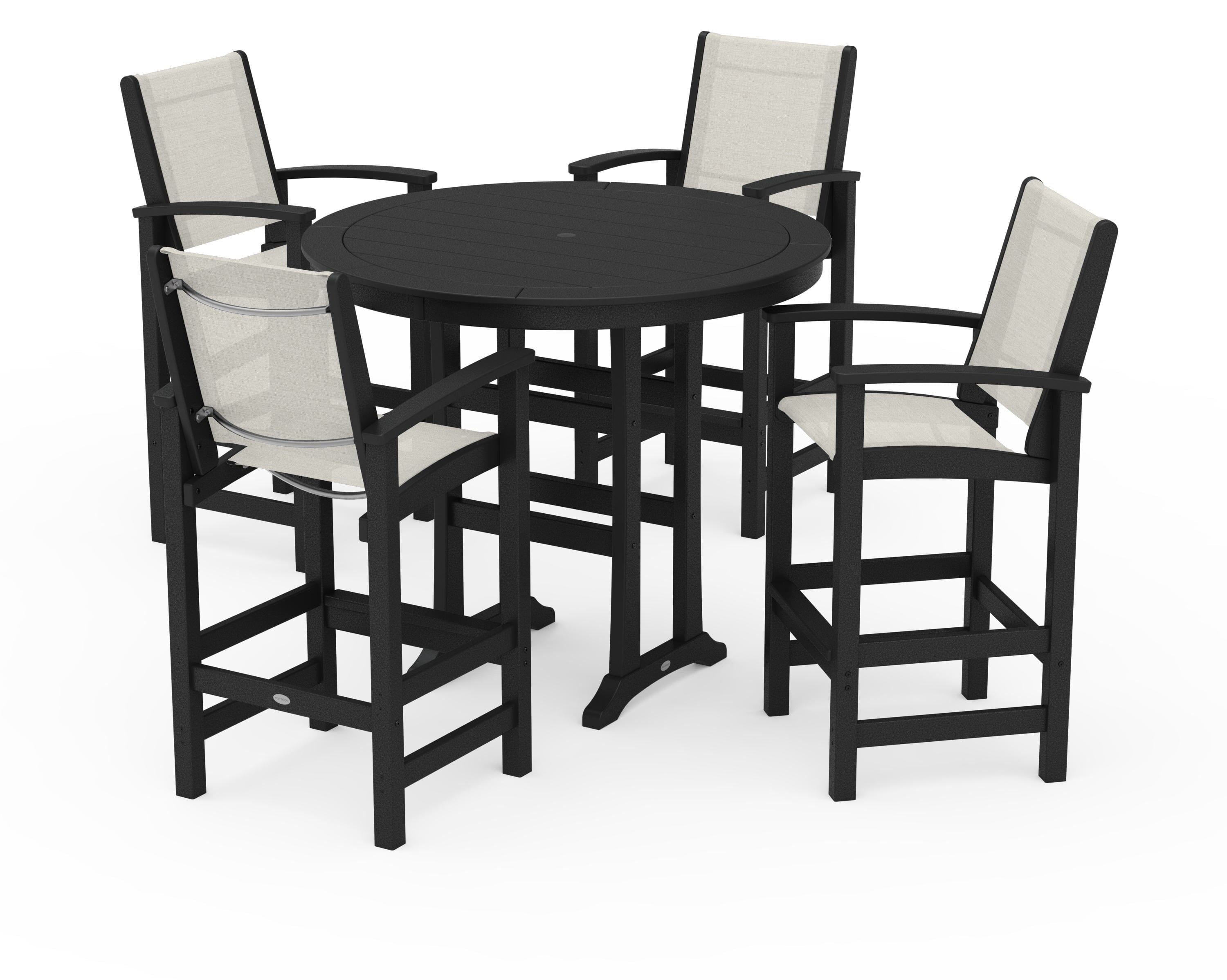 POLYWOOD Coastal 5-Piece Nautical Trestle Bar Set in Black / Parchment Sling