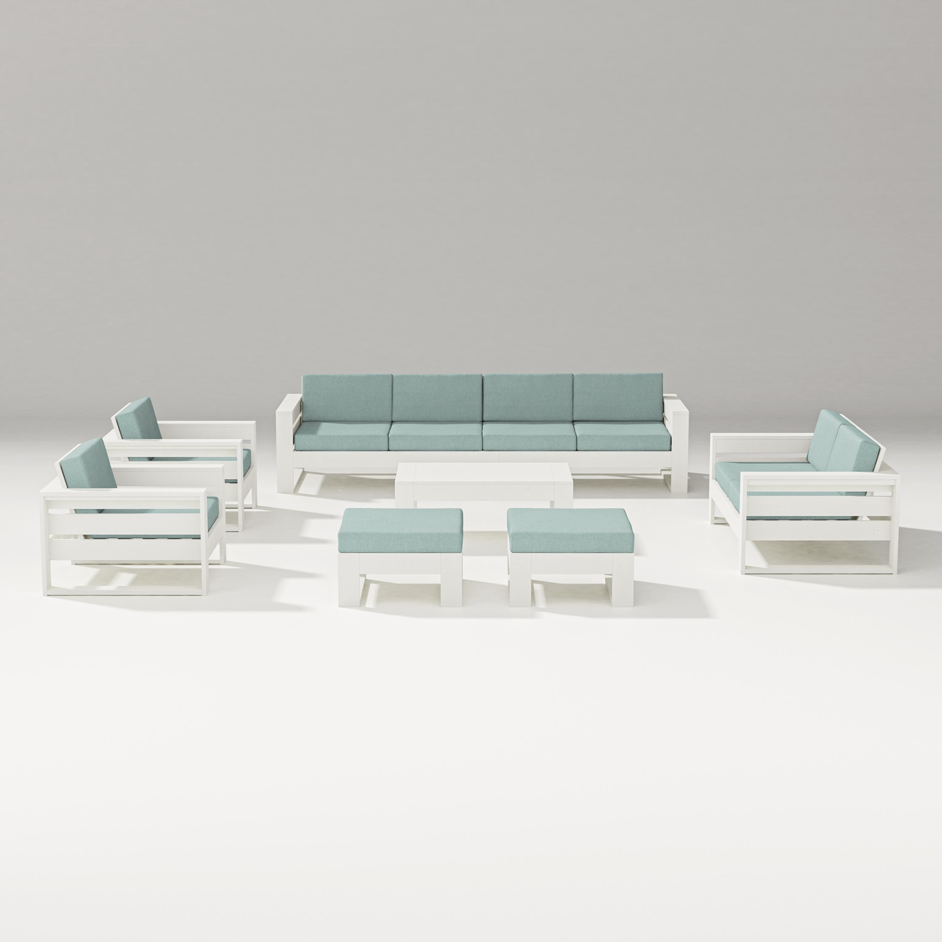 PW Designer Series Latitude 8-Piece Lounge Sofa Set in Vintage White / Glacier Spa