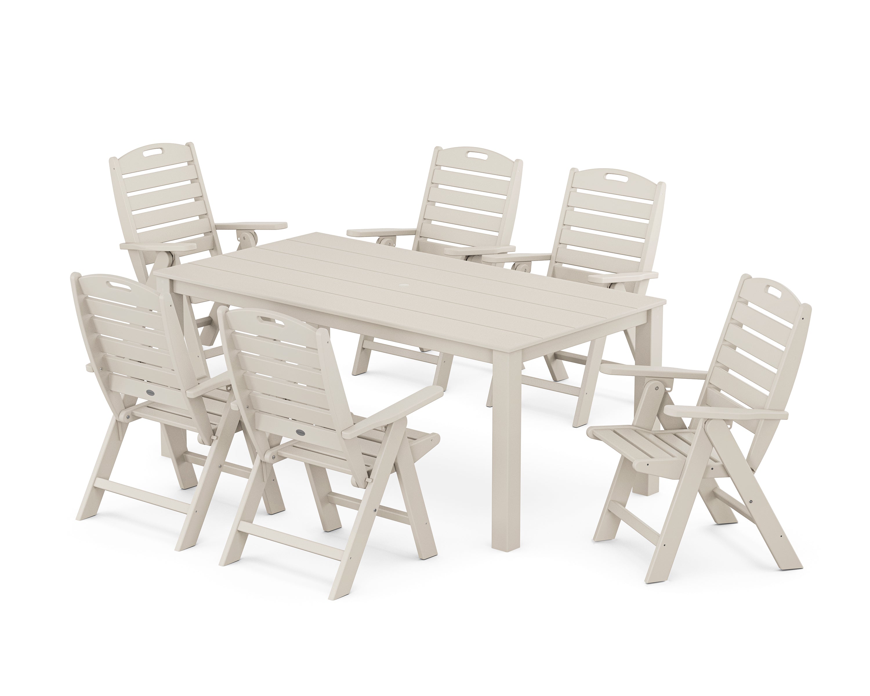 POLYWOOD Nautical Folding Highback Chair 7-Piece Parsons Dining Set in Sand