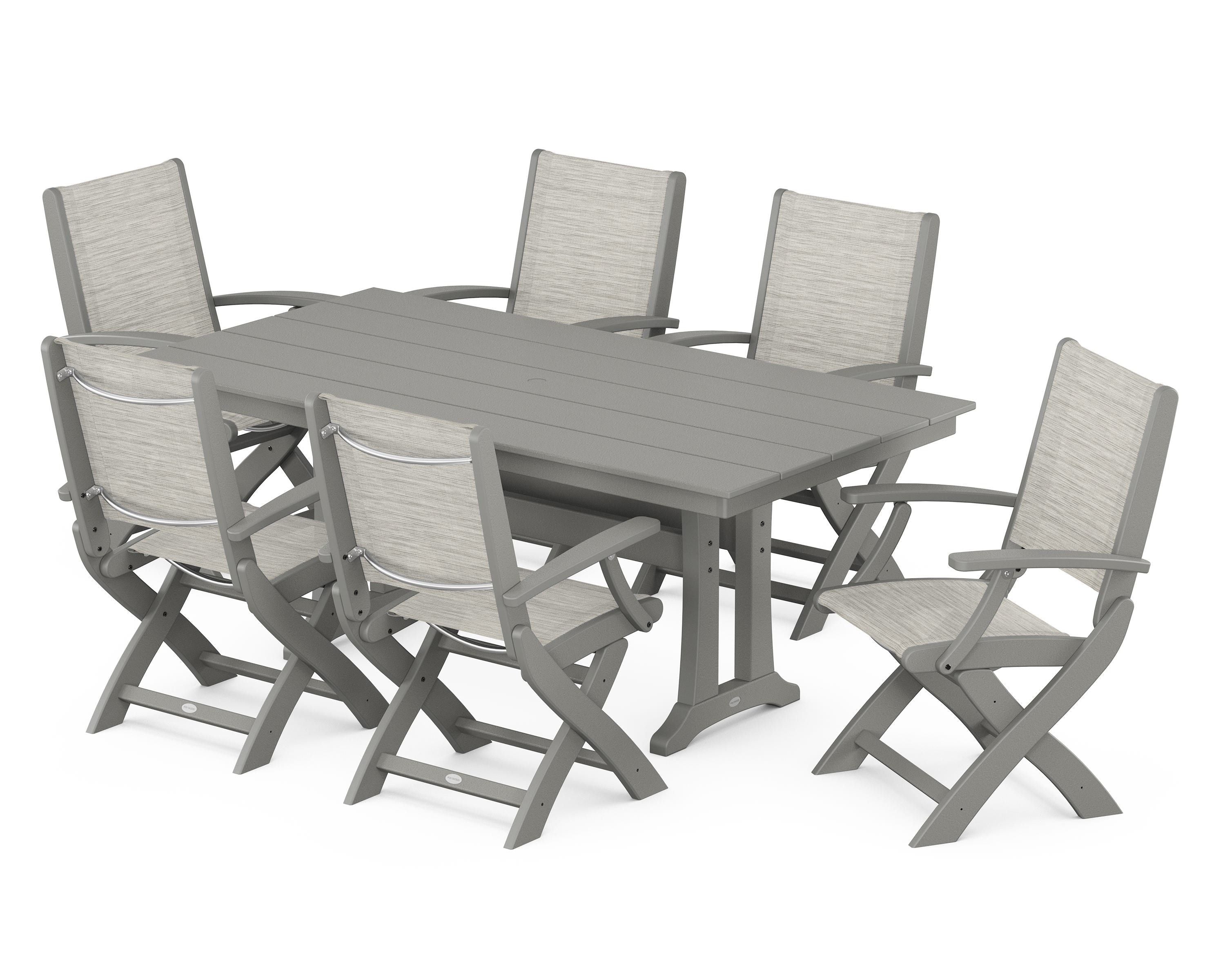 POLYWOOD Coastal Folding Arm Chair 7-Piece Farmhouse Dining Set with Trestle Legs in Slate Grey / Birch Sling