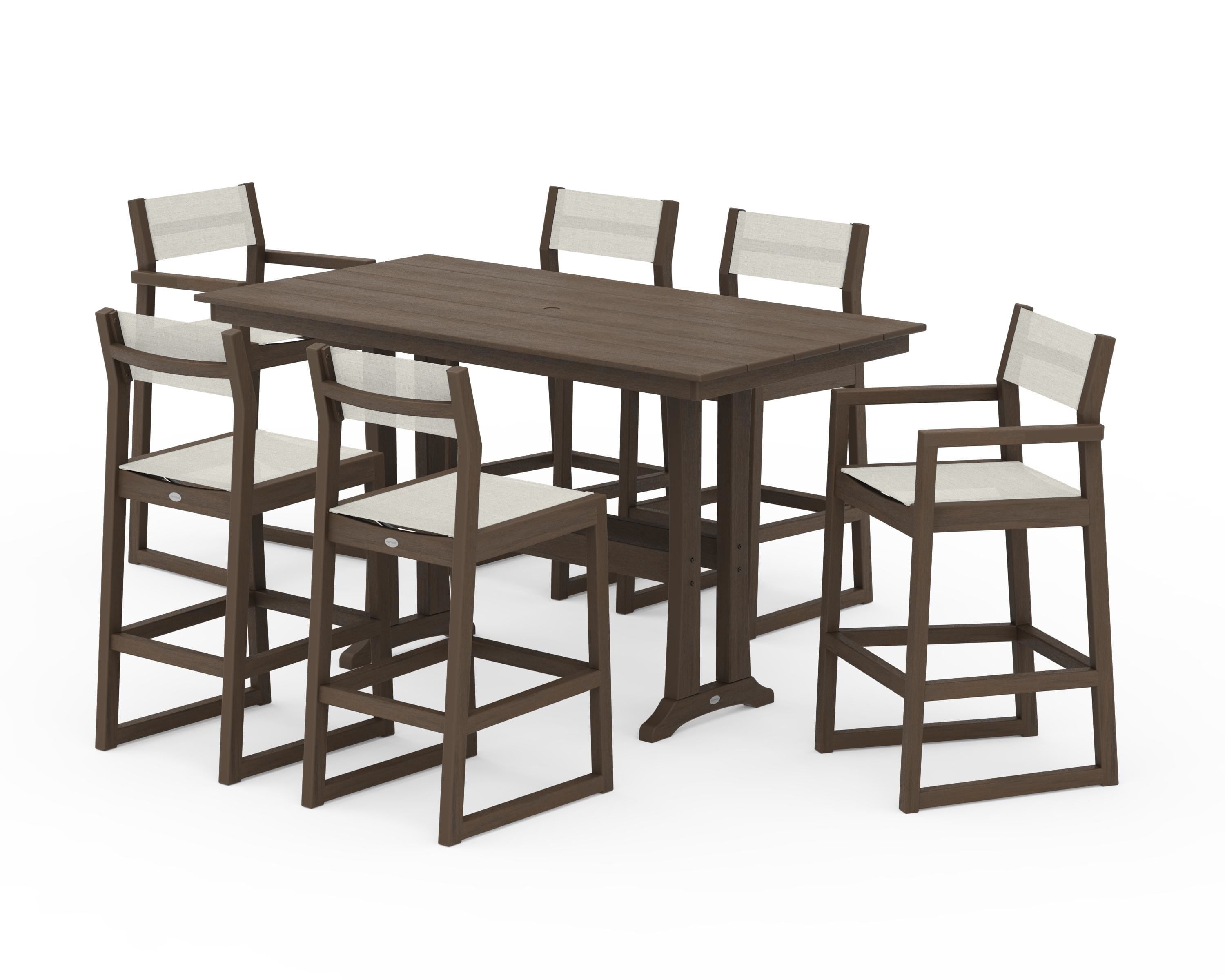 POLYWOOD EDGE Sling 7-Piece Farmhouse Bar Set with Trestle Legs in Kona / Parchment Sling