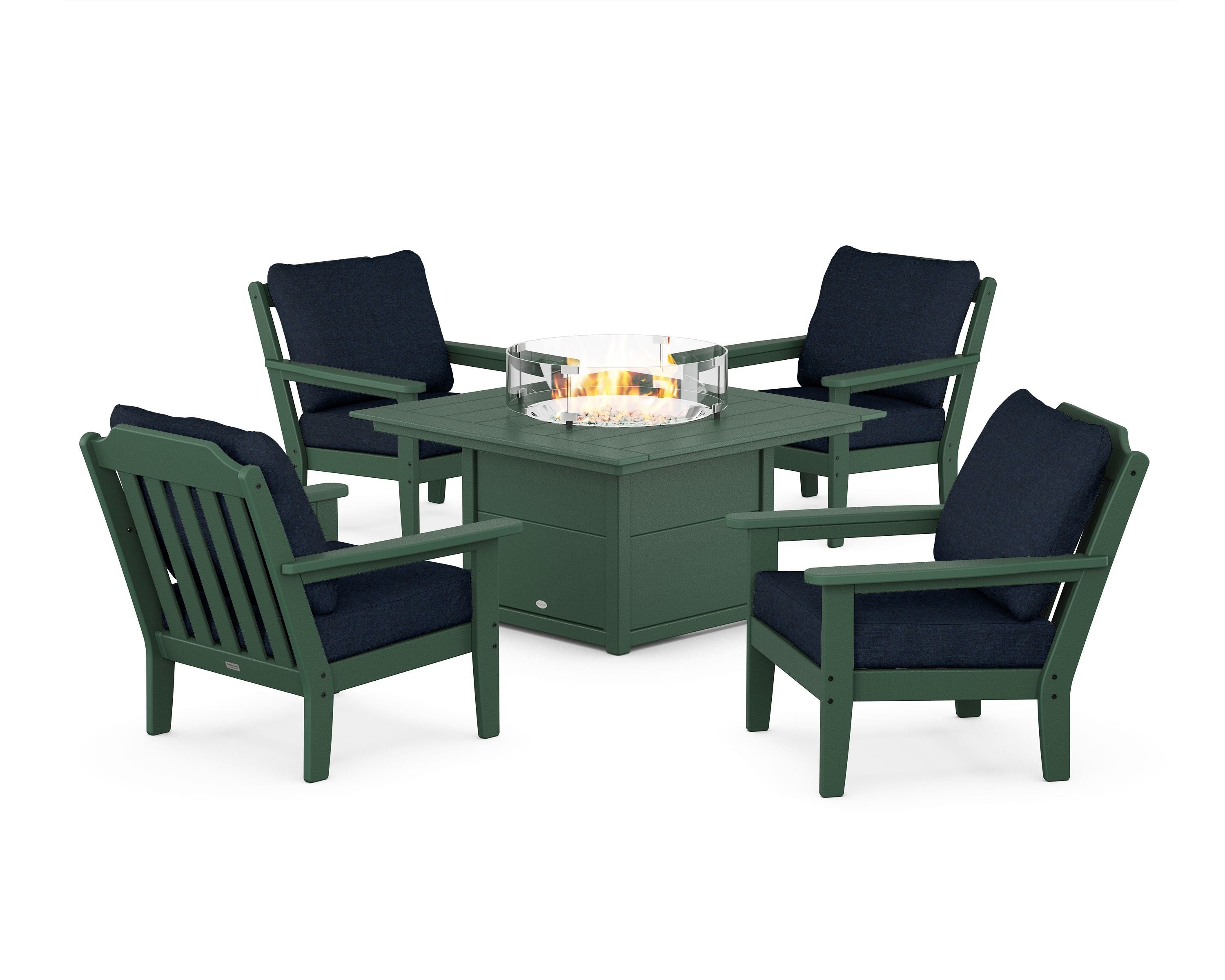 Country Living Cottage 5-Piece Deep Seating Set with Fire Pit Table in Green / Marine Indigo