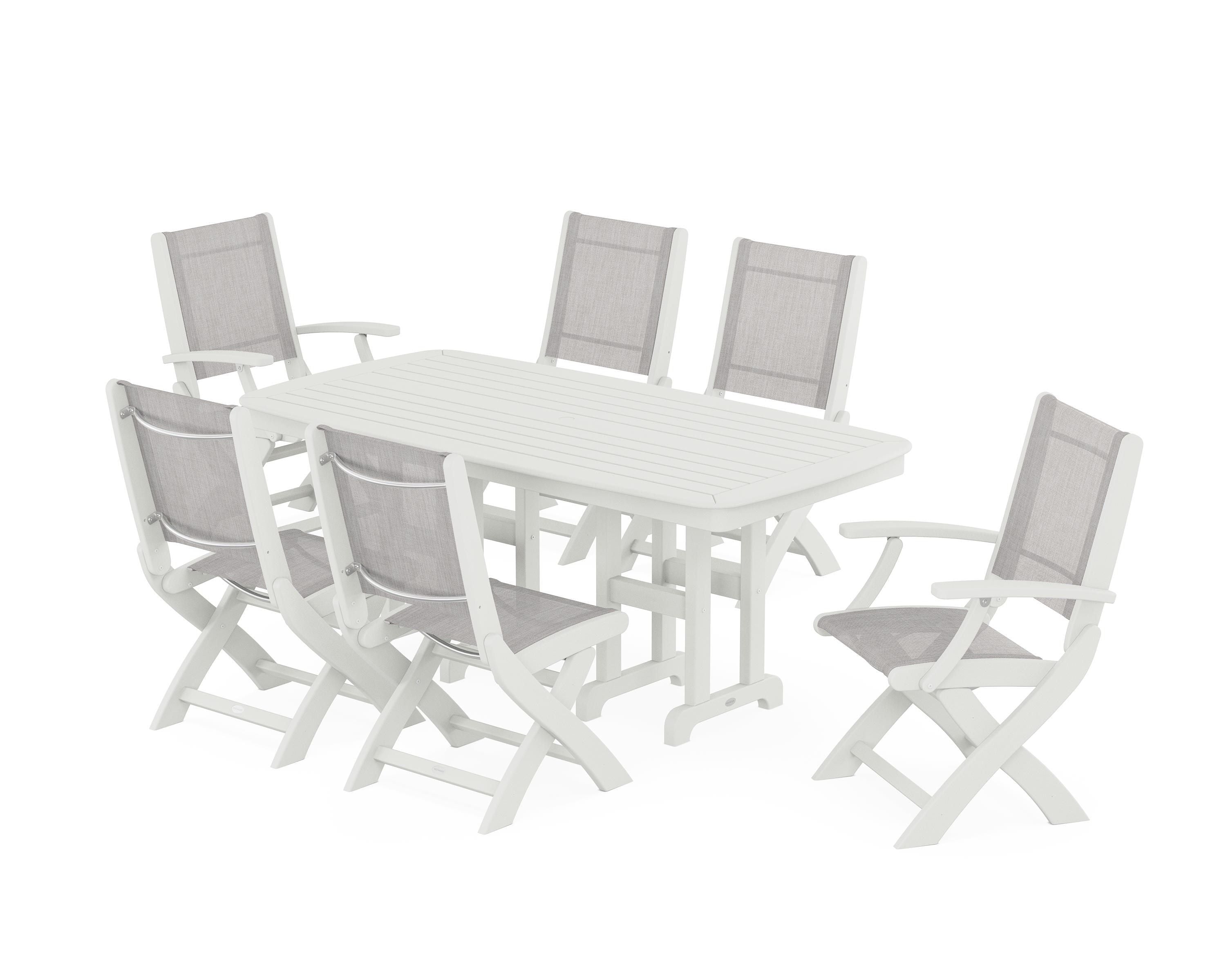 POLYWOOD Coastal Folding Chair 7-Piece Dining Set in Vintage White / Parchment Sling
