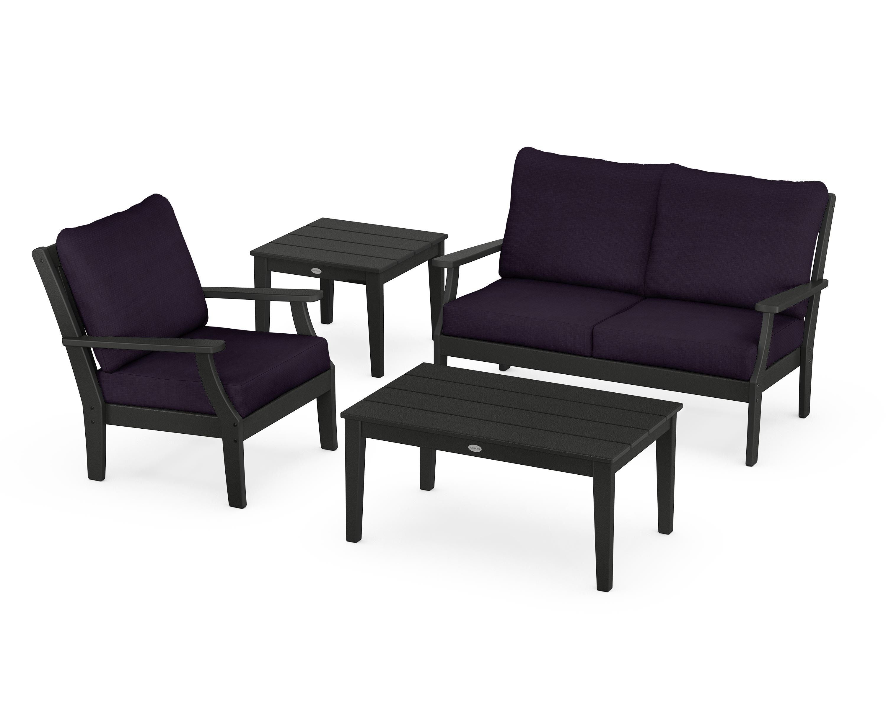 POLYWOOD Braxton 4-Piece Deep Seating Set in Black / Navy Linen